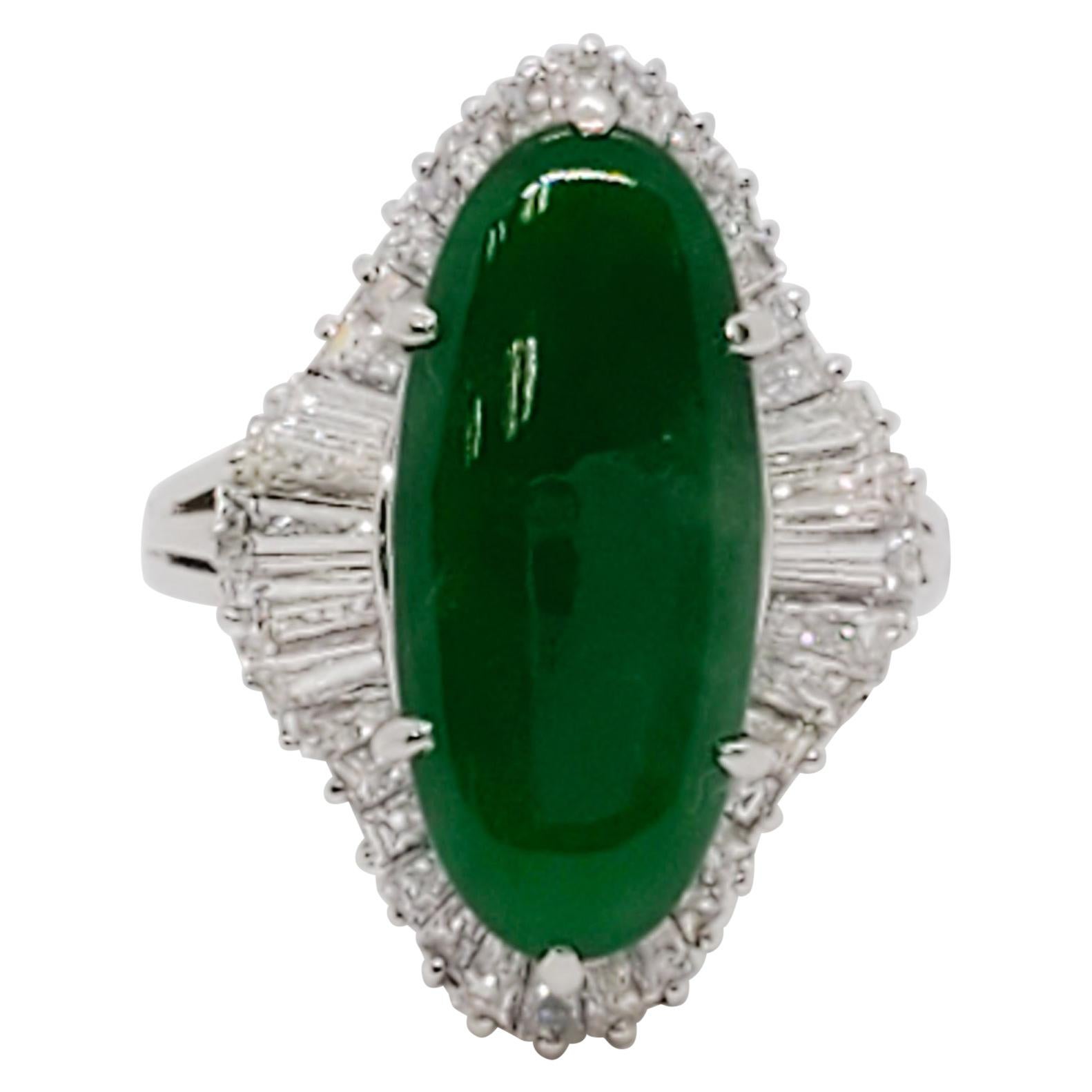 Estate Green Jade Oval and White Diamond Cocktail Ring in Platinum