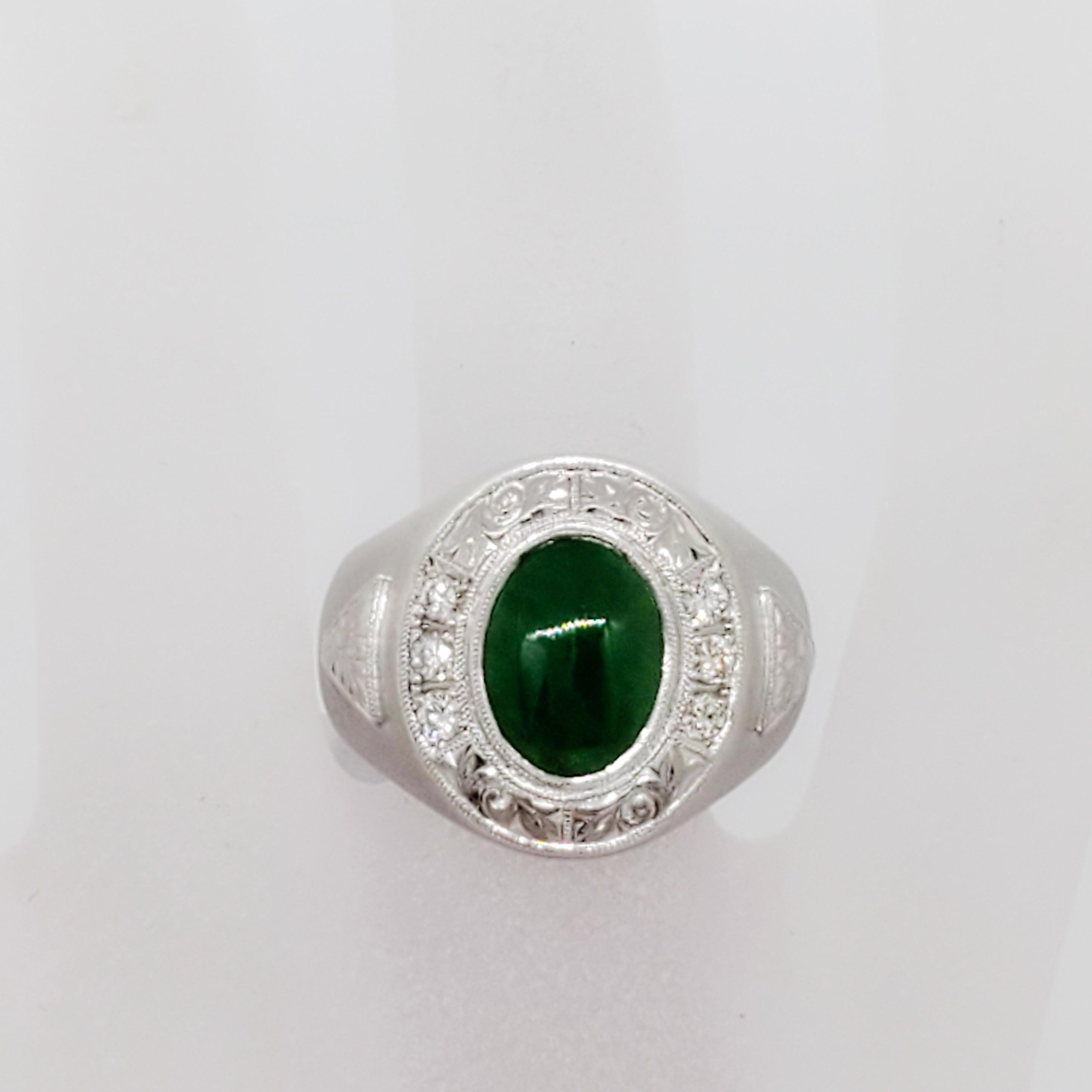 Oval Cut Estate Green Jade Oval Cabochon and White Diamond Men's Ring