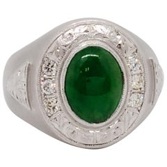 Estate Green Jade Oval Cabochon and White Diamond Men's Ring