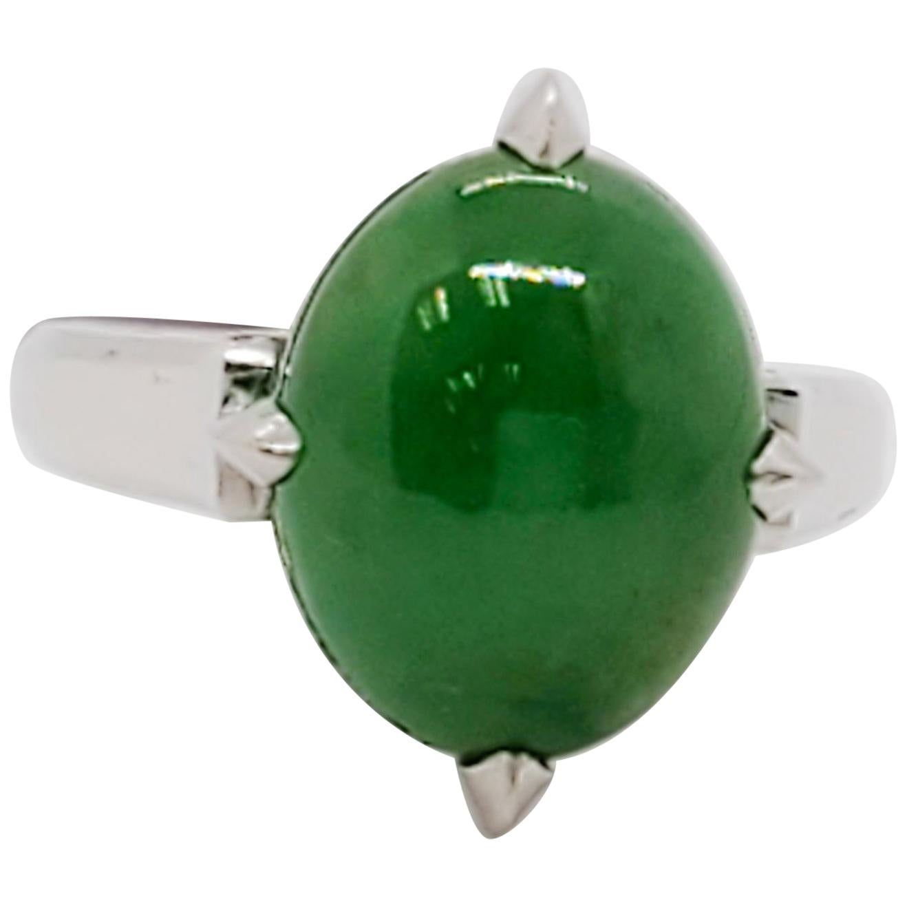 Estate Green Jade Oval Cabochon Dome Ring in Platinum
