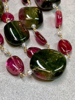 Estate Green & Pink Tourmaline Tumbled Bead Necklace 18K Gold 22"