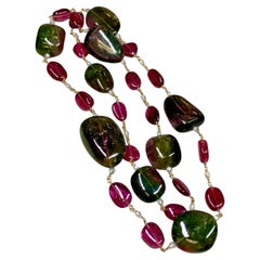 Estate Green & Pink Tourmaline Tumbled Bead Necklace 18K Gold 22"