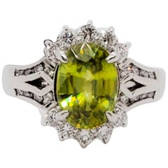 Estate Green Sphene Oval and White Diamond Cocktail Ring in Platinum