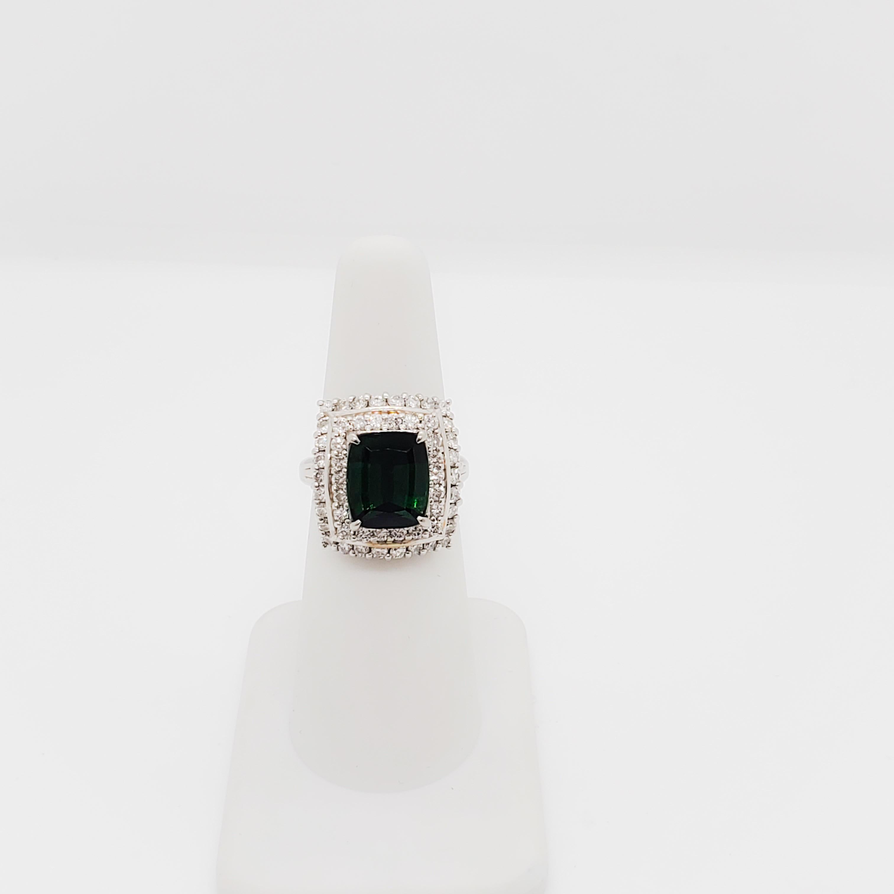 Cushion Cut Green Tourmaline and Diamond Cocktail Ring in Platinum For Sale
