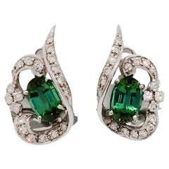 Estate Green Tourmaline and Diamond Earrings in 14k White Gold