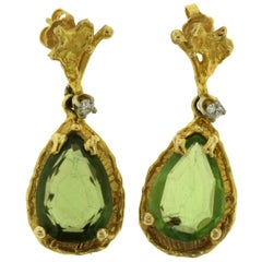 Estate Green Tourmaline and Diamond Yellow Gold Drop Earrings