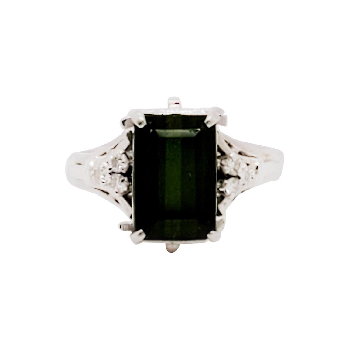 Estate Green Tourmaline Emerald Cut and White Diamond Cocktail Ring