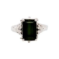 Estate Green Tourmaline Emerald Cut and White Diamond Cocktail Ring