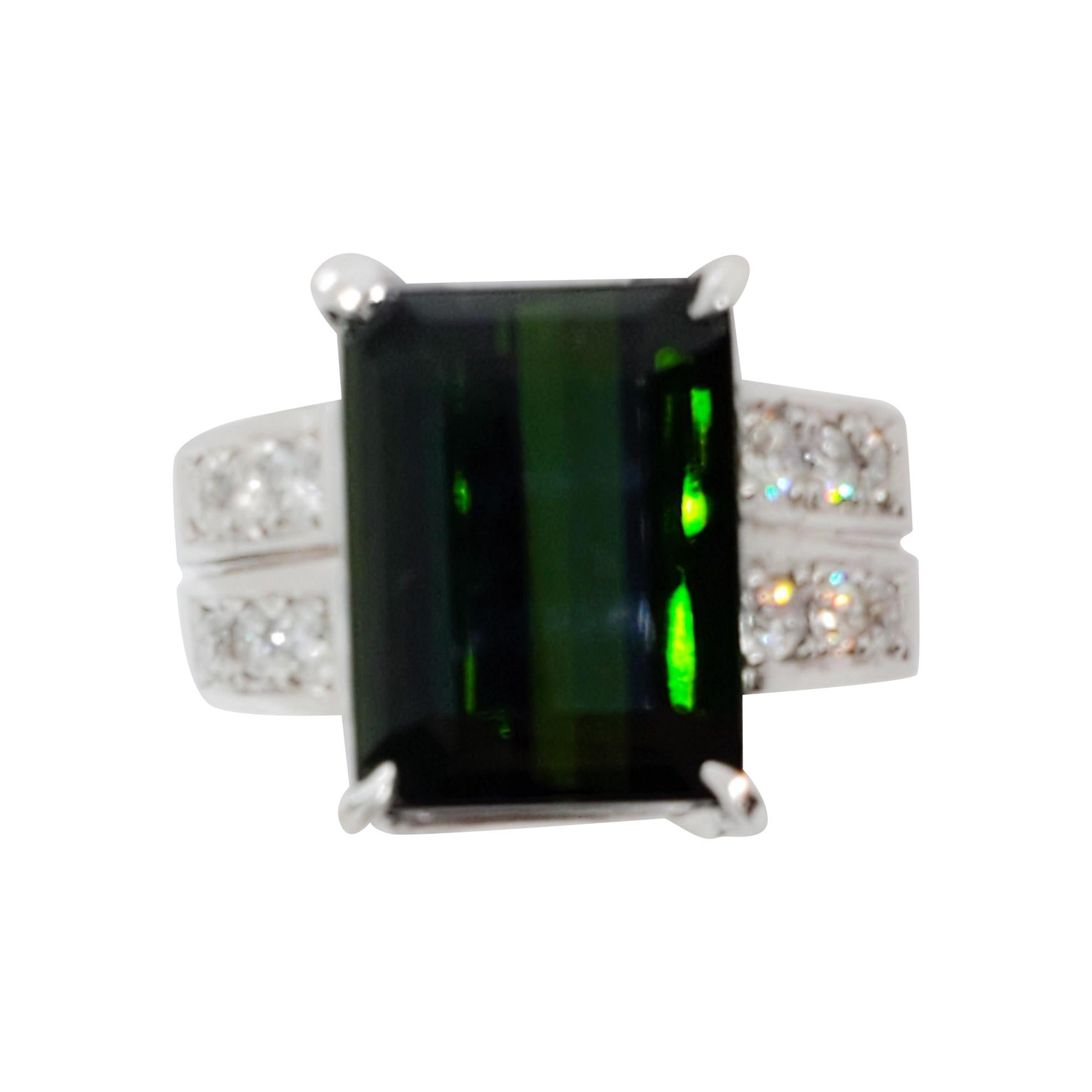 Estate Green Tourmaline Emerald Cut and White Diamond Ring in Platinum
