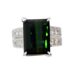 Estate Green Tourmaline Emerald Cut and White Diamond Ring in Platinum