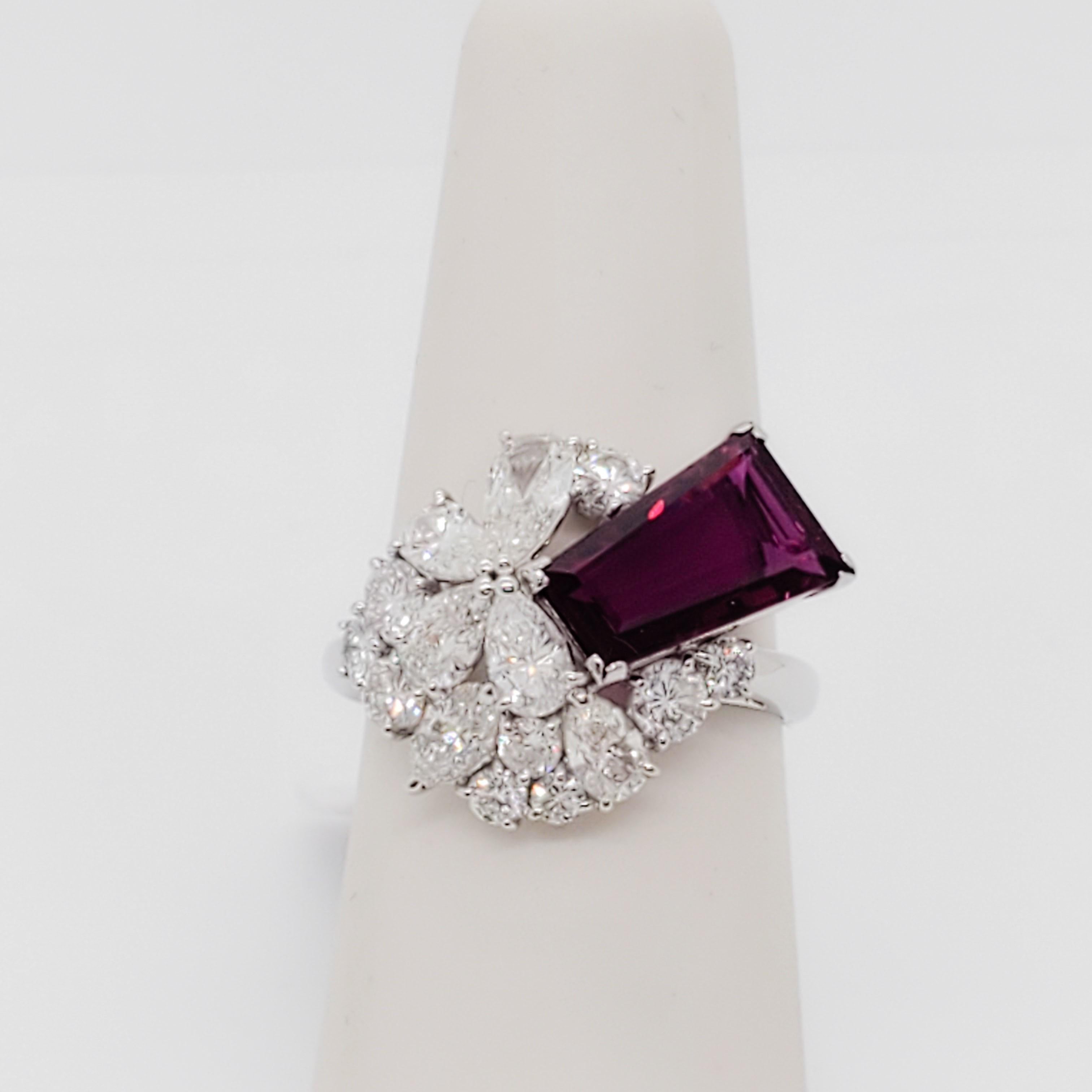 Trapezoid Cut Estate GRS Ruby and White Diamond Cocktail Ring in Platinum