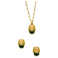 Estate Gucci Lion's Head Necklace and Earrings Set in 18K Yellow Gold