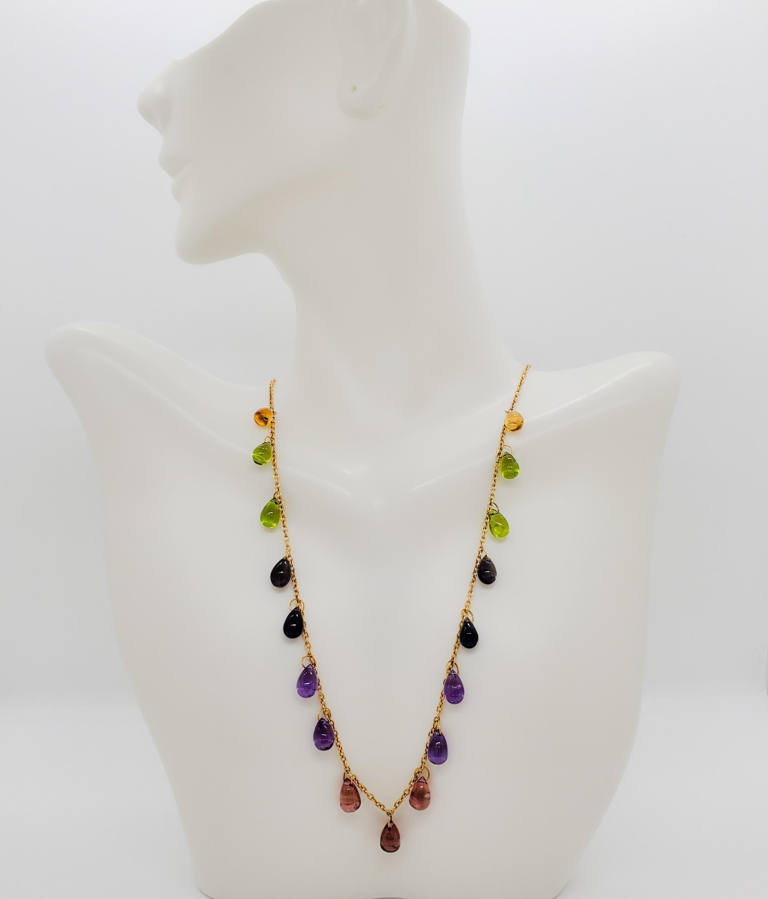 Gorgeous H. Stern necklace with a wide variety of multi color gemstones and 0.01 ct. good quality white diamond round.  Handmade in 18k yellow gold.  Length 18
