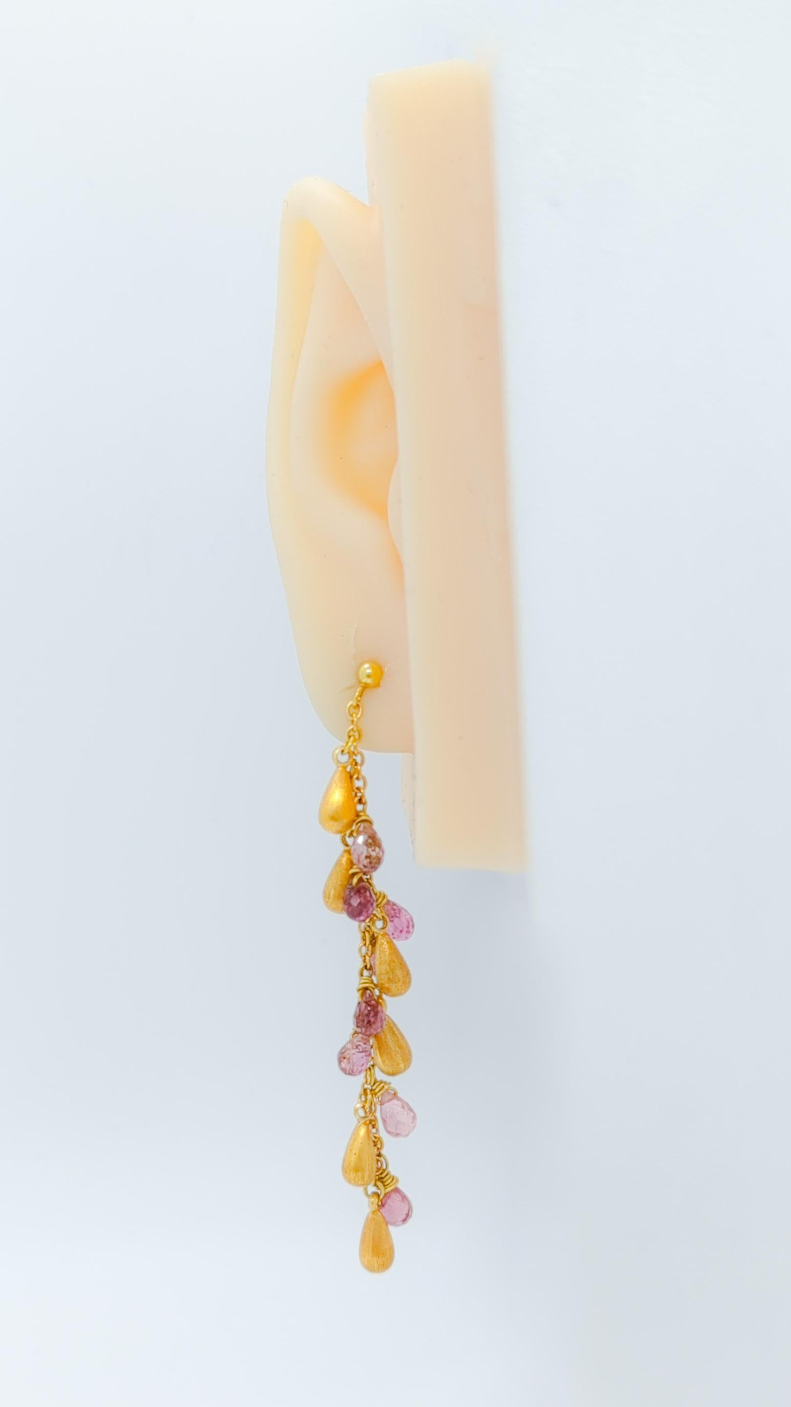 Estate H. Stern pink tourmaline briolette dangle earrings handmade in 18k yellow gold.  Push back setting.  Easy and lightweight.