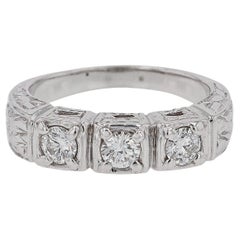 Vintage Estate Hand Engraved Diamond Wedding Band 3 Stone Engagement Ring