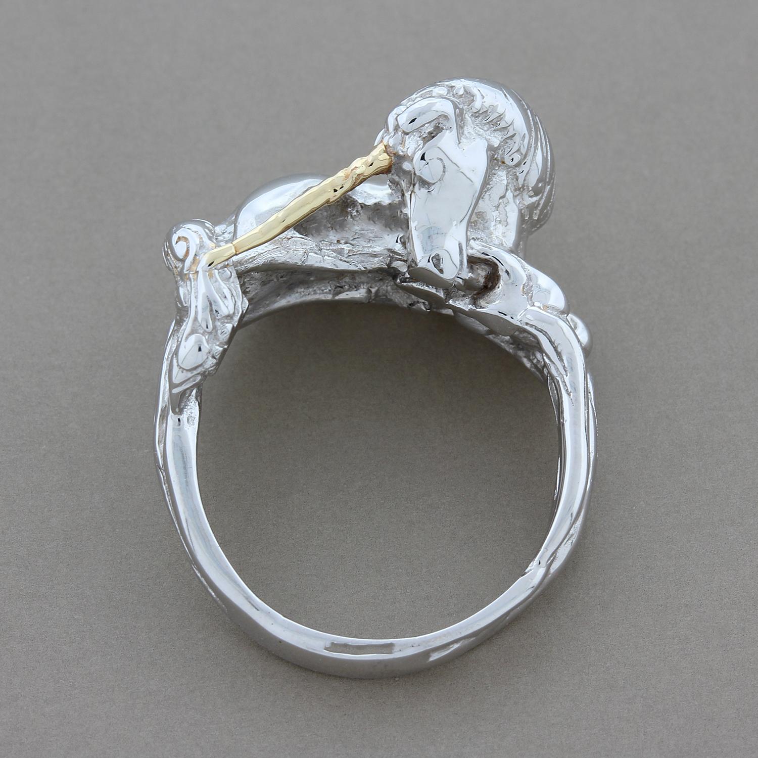 Estate Handmade Diamond Platinum Gold Unicorn Ring at 1stDibs