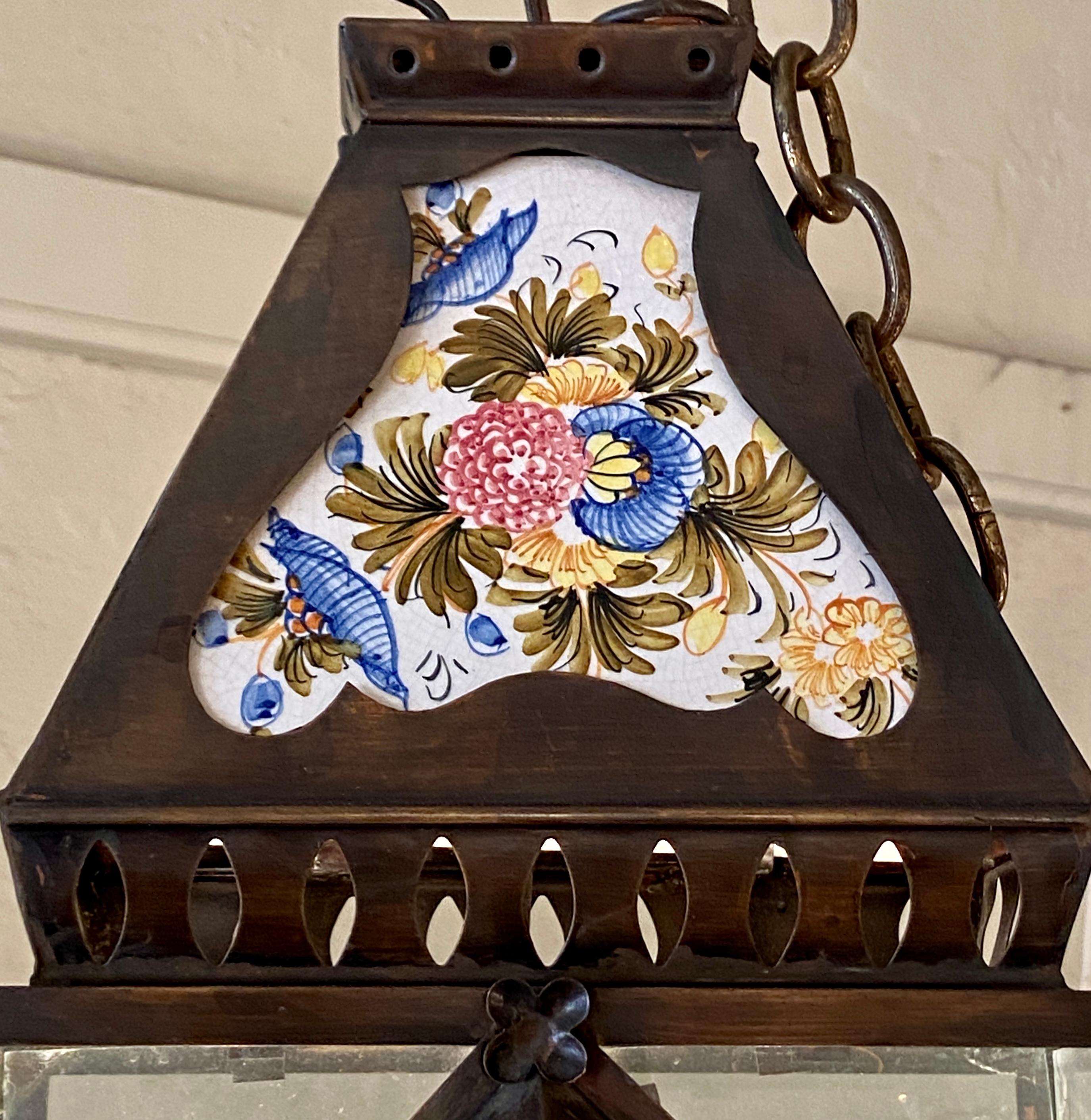 Estate Hand-Made Italian Porcelain-Mounted Copper Lantern. This is a sweet petite vintage lantern, hand-wrought and very charming.
