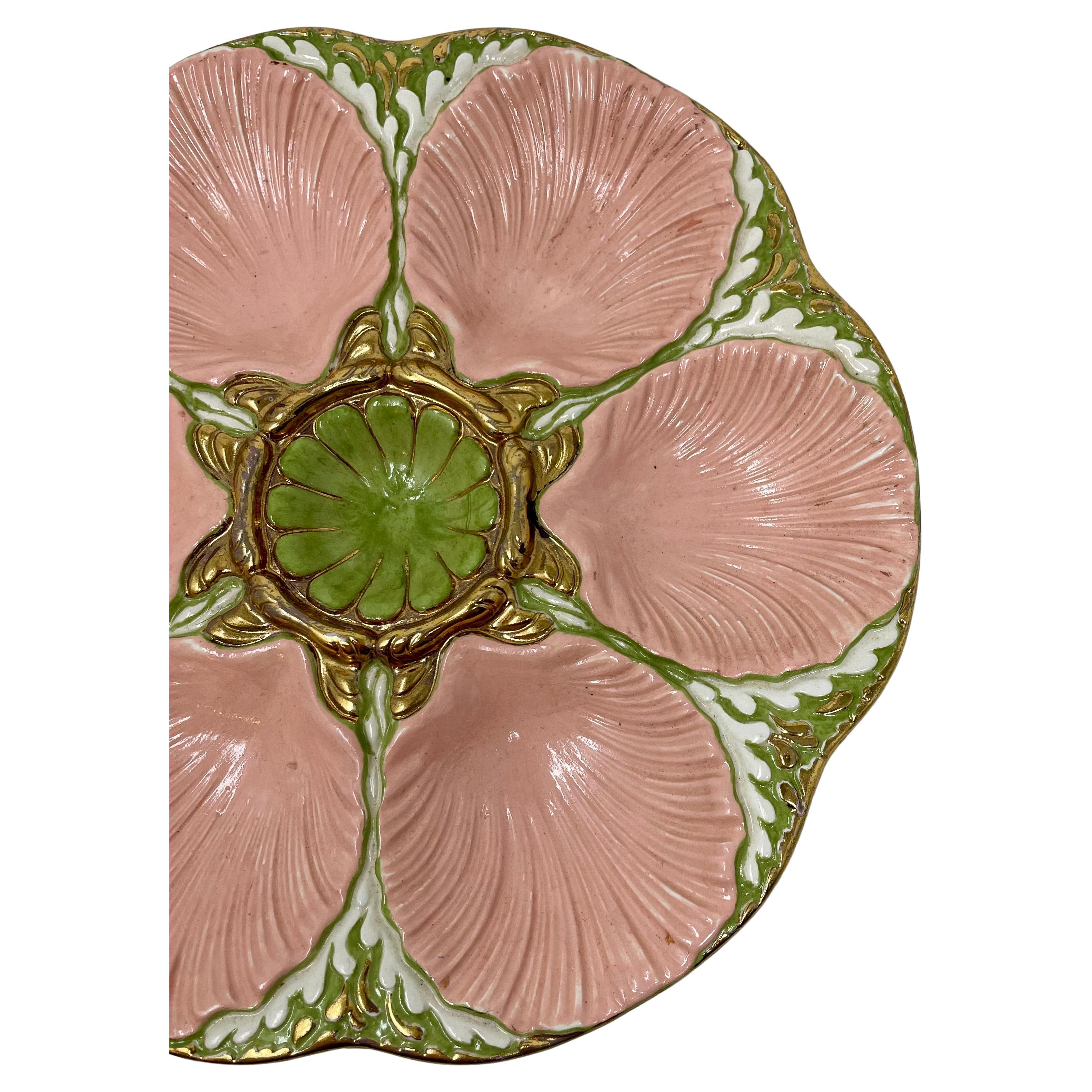 Estate Hand-Painted Ceramic Pink, Gold & Sage Green Oyster Plate, Circa 1940-1950.