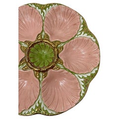 Estate Hand-Painted Ceramic Pink, Gold & Sage Green Oyster Plate Circa 1940-1950