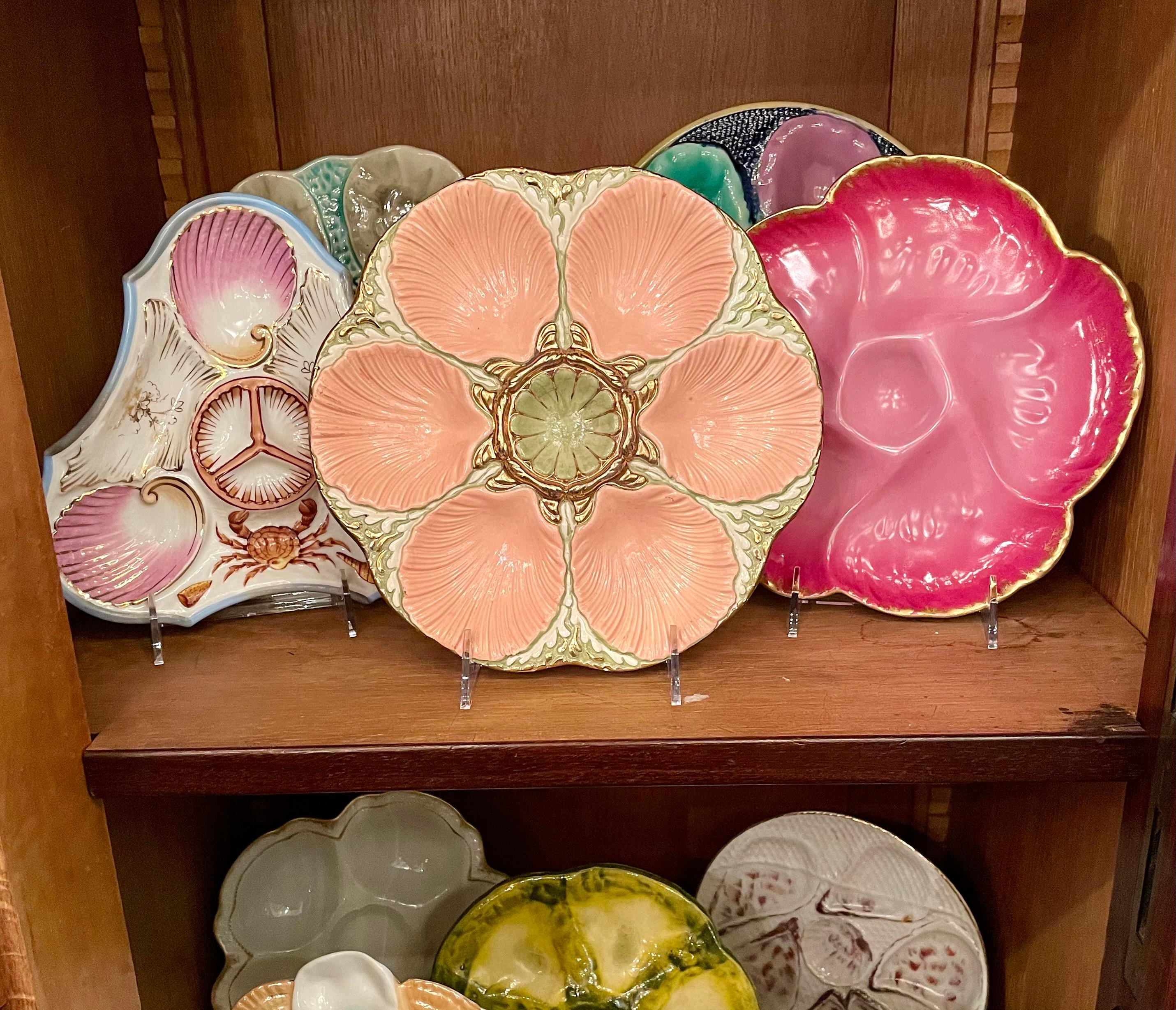 20th Century Estate Hand-Painted Ceramic Pink, Gold & Sage Green Oyster Plate Circa 1940-1950