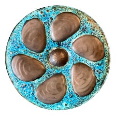 Estate Hand-Painted French Faience Oyster Plate with Blue & Black Basalt Glaze.