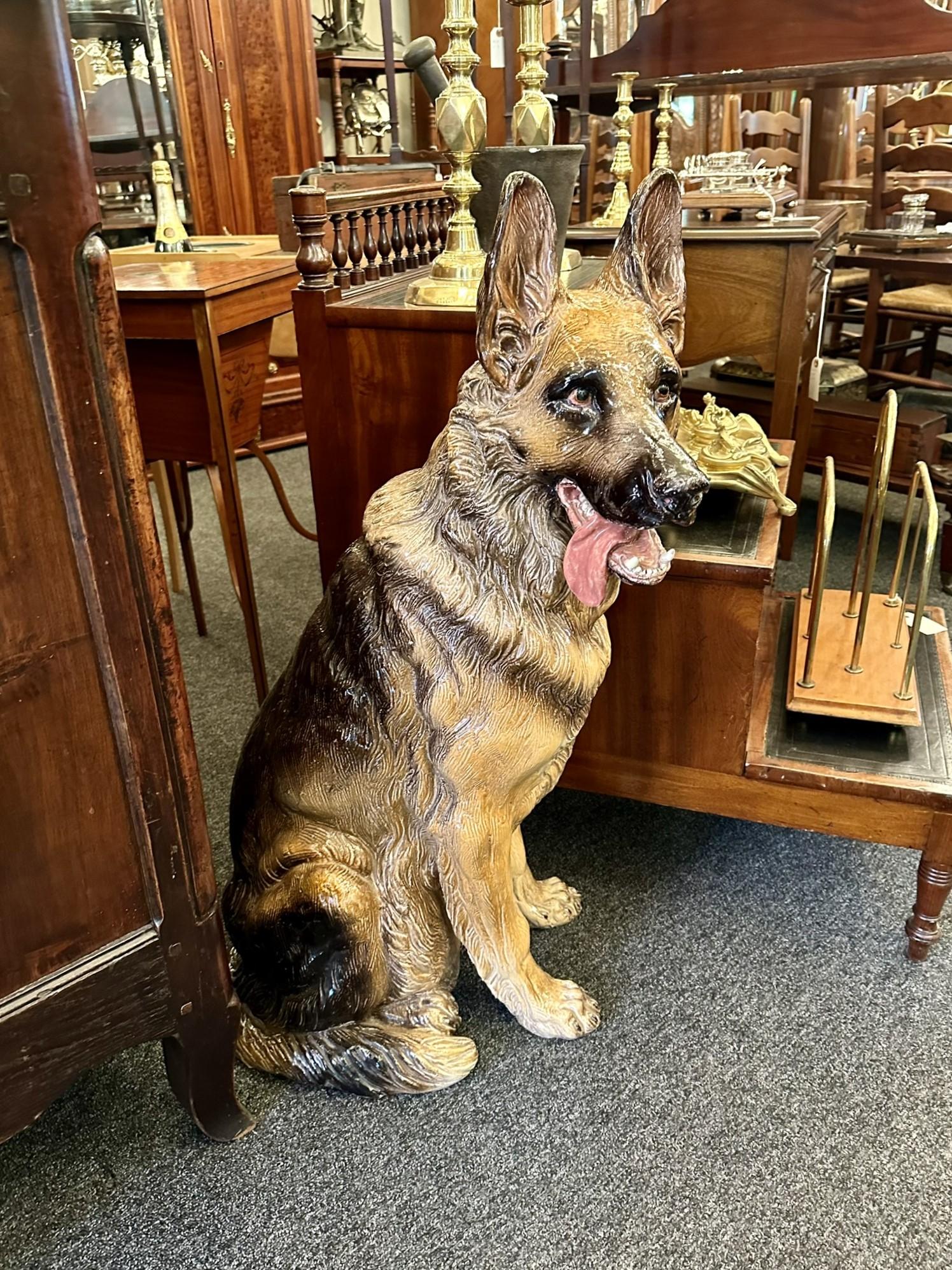 Unknown Estate Hand-Painted Terracotta German Shepherd Statue, Circa 1900-1920 For Sale