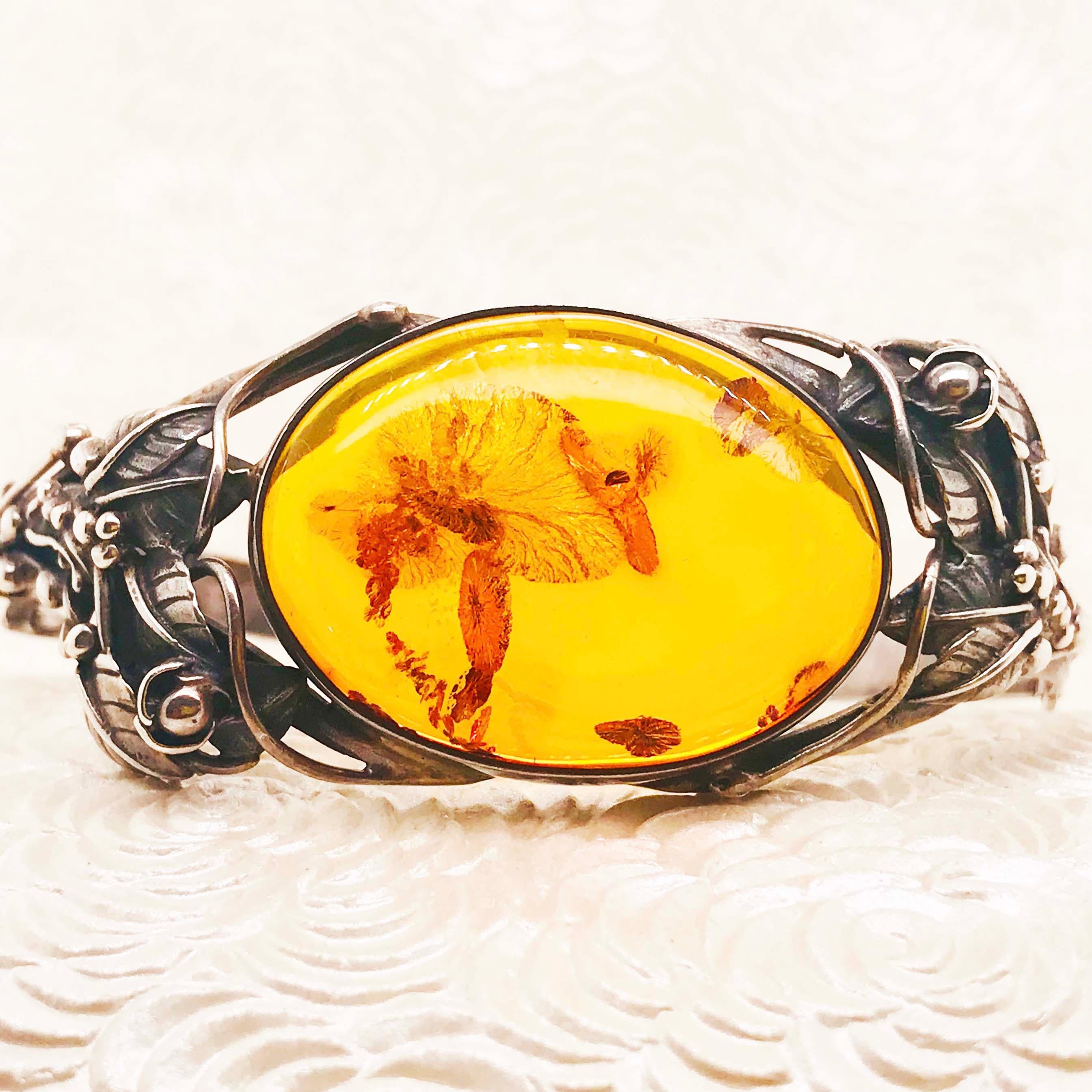 Estate Handcrafted Amber Garden Design Bangle Bracelet is an Original Sterling 1