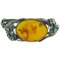 Bracelet jonc de succession en argent sterling d'origine avec motif de jardin en ambre, fabriqué à la main