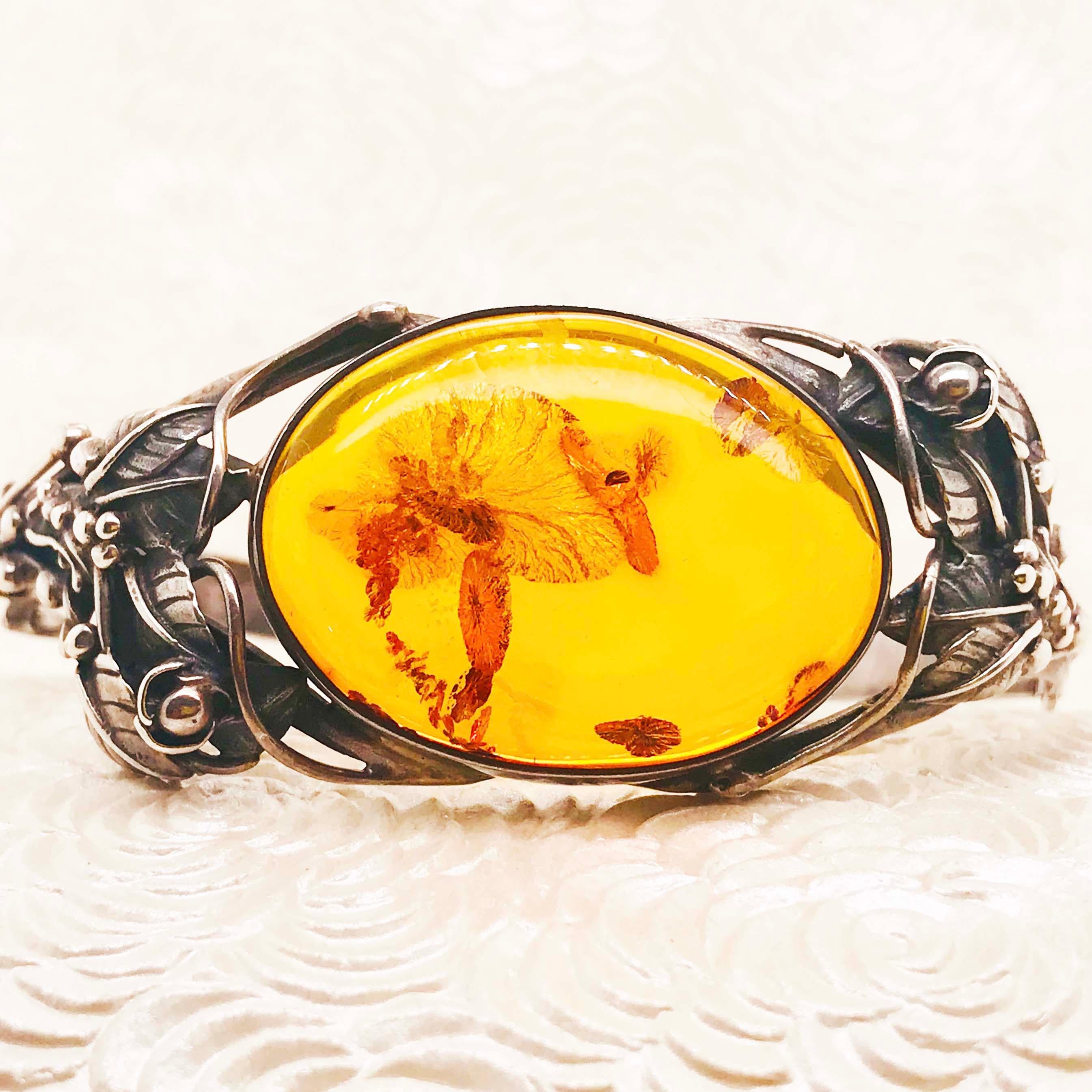 Estate Handcrafted Amber Garden Design Bangle Bracelet is an Original Sterling For Sale 1
