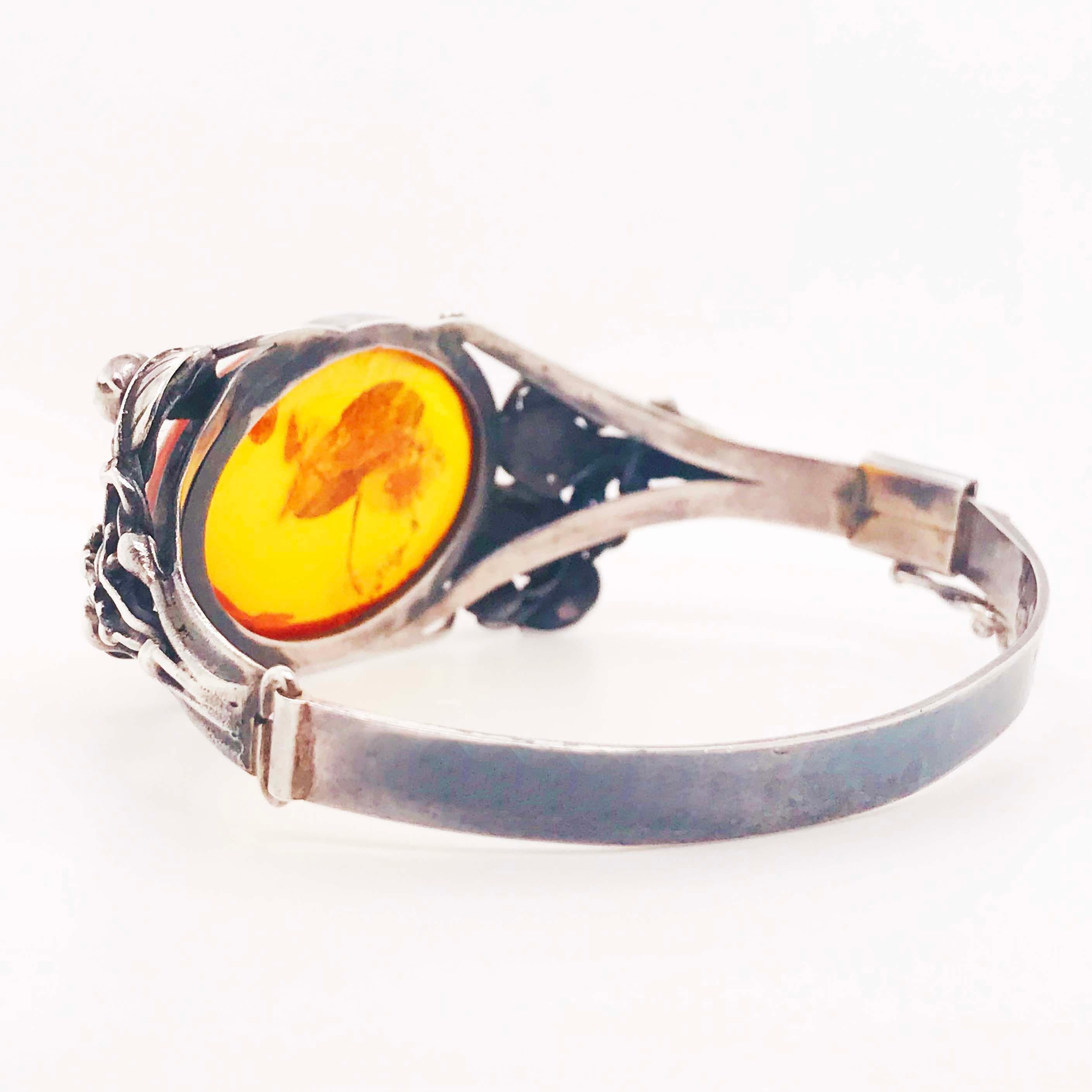 Estate Handcrafted Amber Garden Design Bangle Bracelet is an Original Sterling In Excellent Condition For Sale In Austin, TX