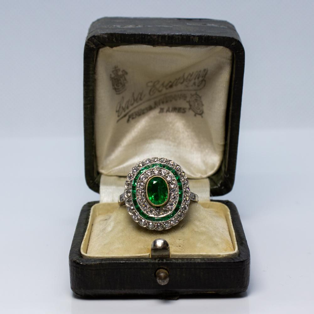 Women's or Men's Estate Handmade 18K and Platinum  Emerald & Old Mine Cut Diamonds Ring