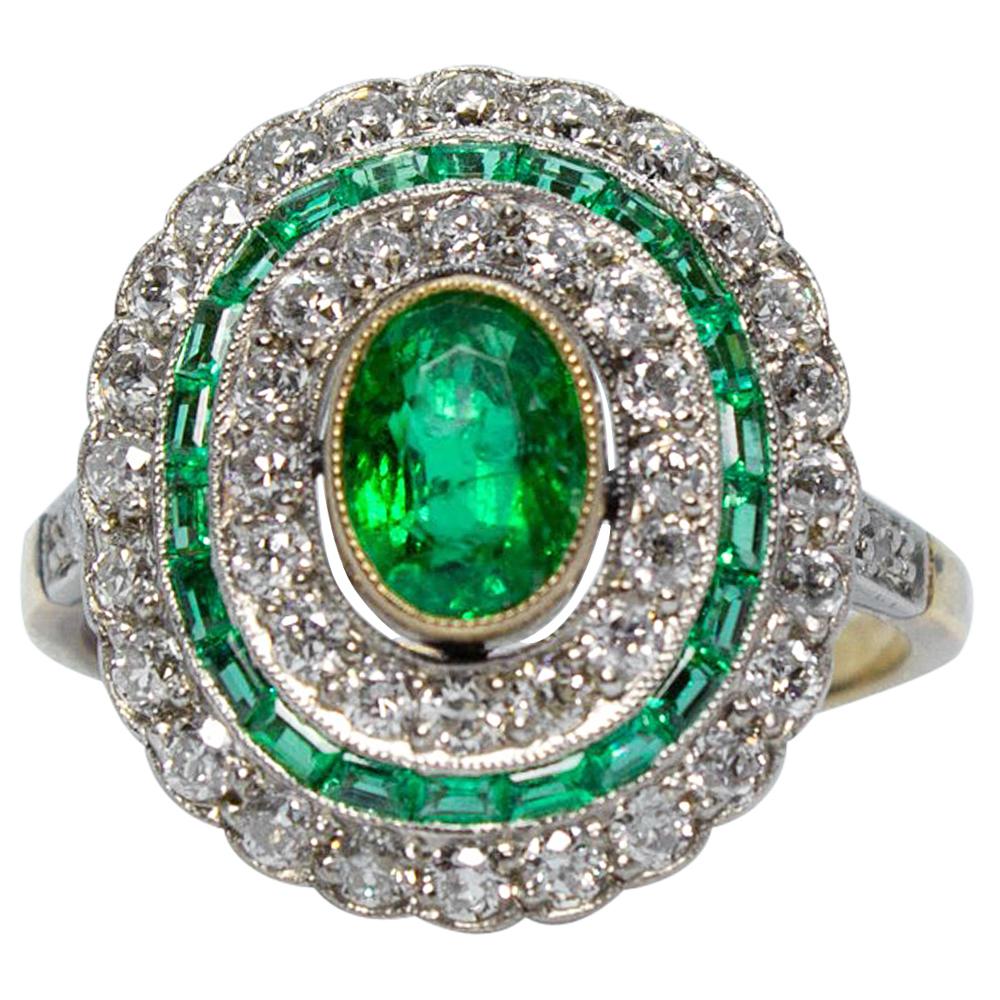 Estate Handmade 18K and Platinum  Emerald & Old Mine Cut Diamonds Ring