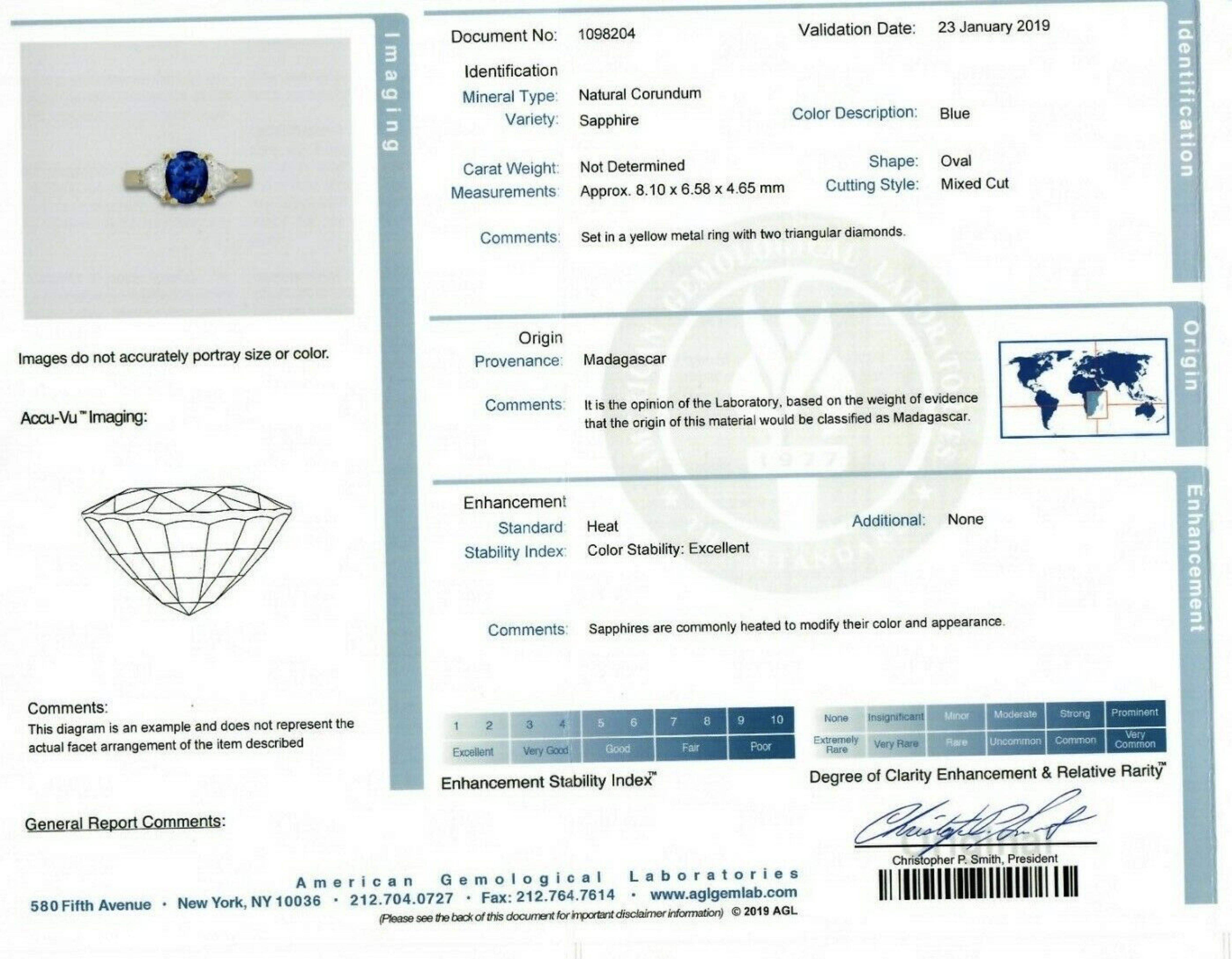 Estate Handmade 18k Gold 3.35ctw AGL Sapphire Trillion Diamond Three Stone Ring 6