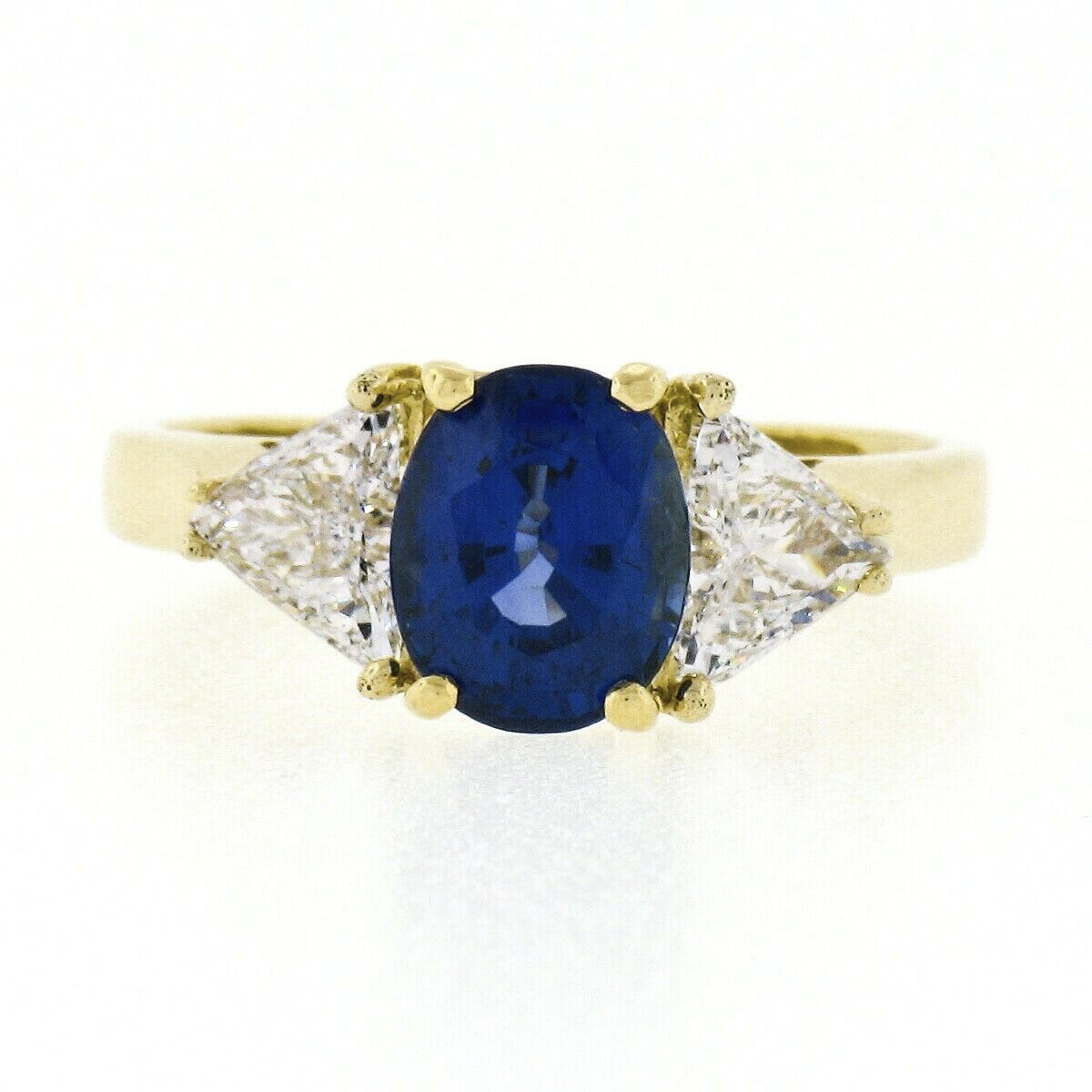 Estate Handmade 18k Gold 3.35ctw AGL Sapphire Trillion Diamond Three Stone Ring In Good Condition In Montclair, NJ