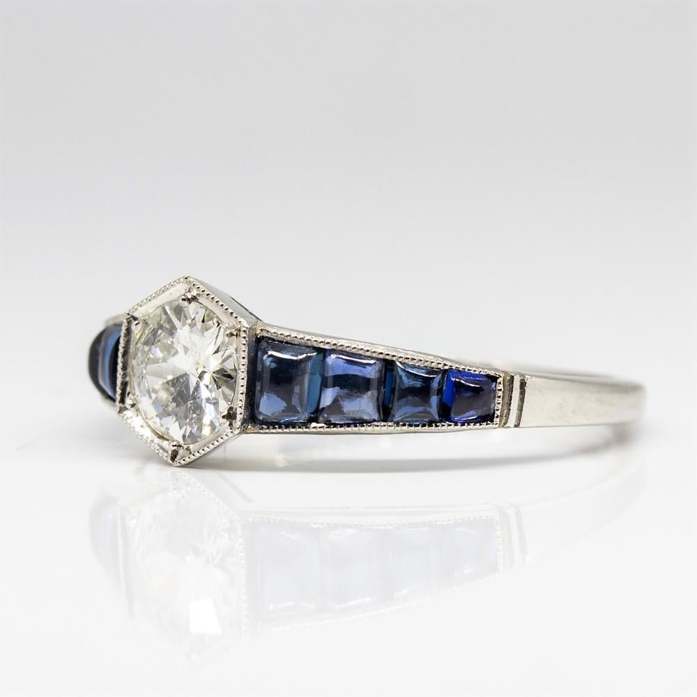 Old European Cut Estate Handmade Platinum Diamond and Sapphire Ring