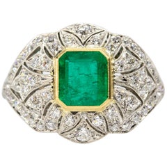 Vintage Estate Handmade Platinum Emerald and Diamond Ring