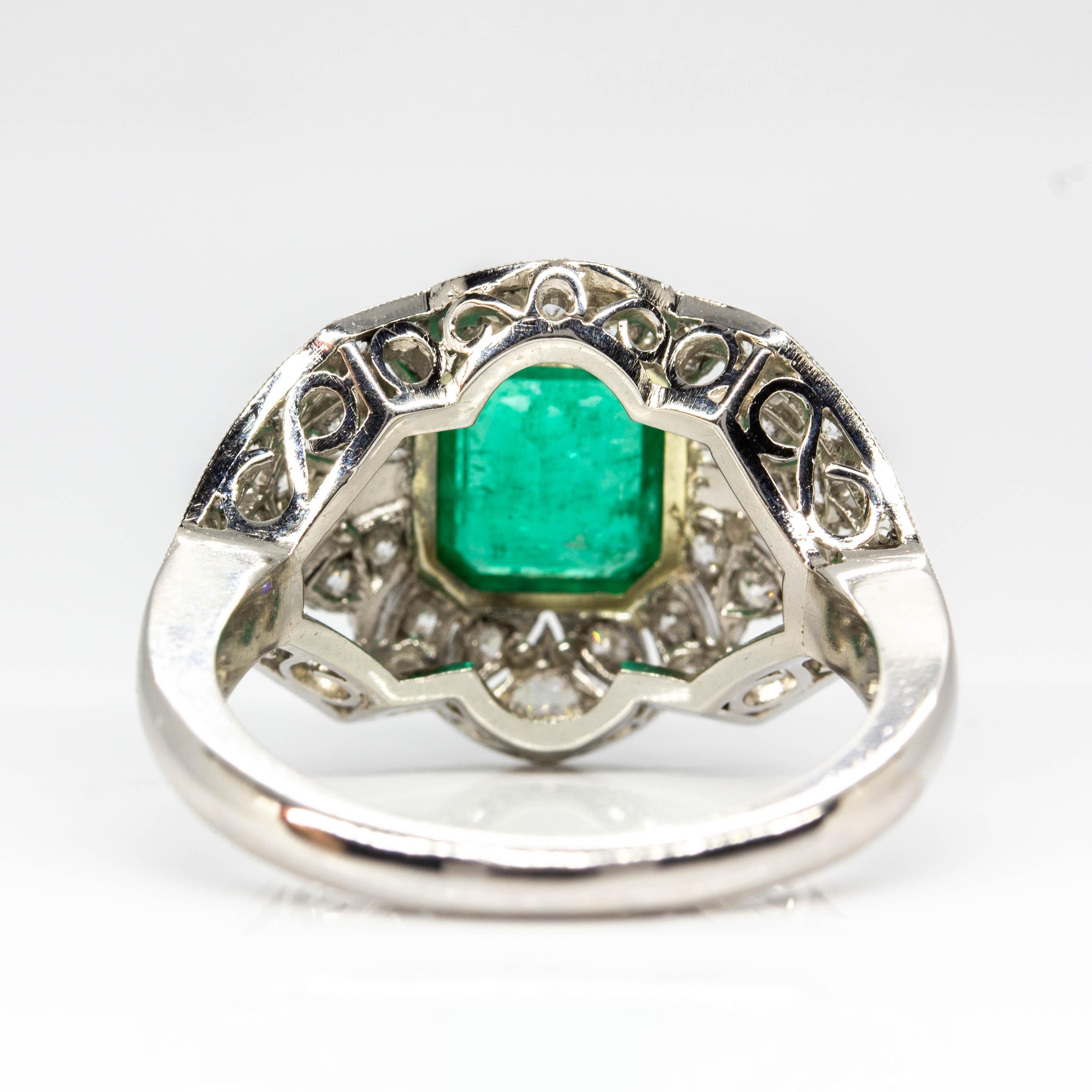 Art Deco Estate Handmade Platinum Emerald and Diamonds Ring For Sale