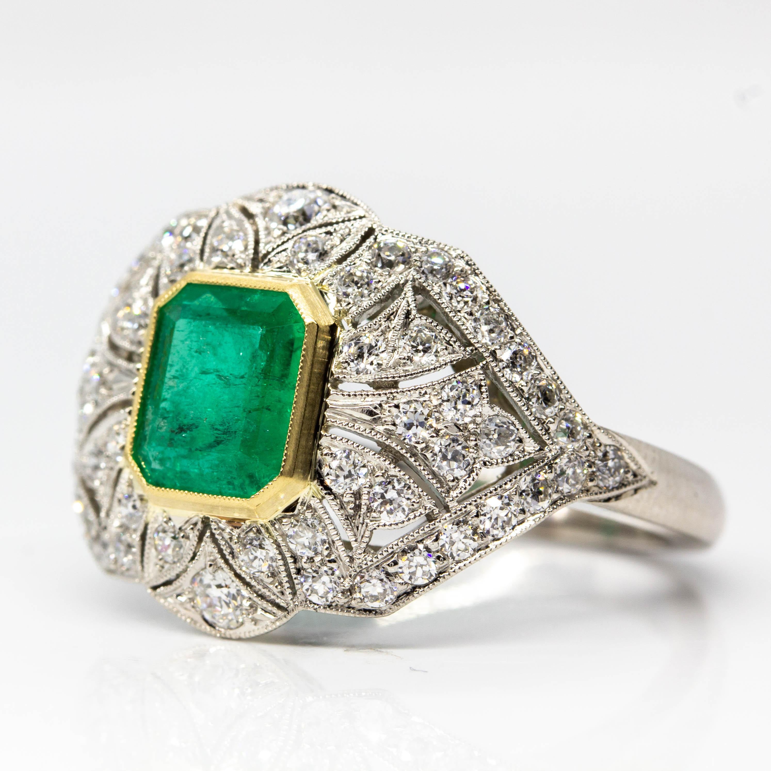 Old Mine Cut Estate Handmade Platinum Emerald and Diamonds Ring For Sale
