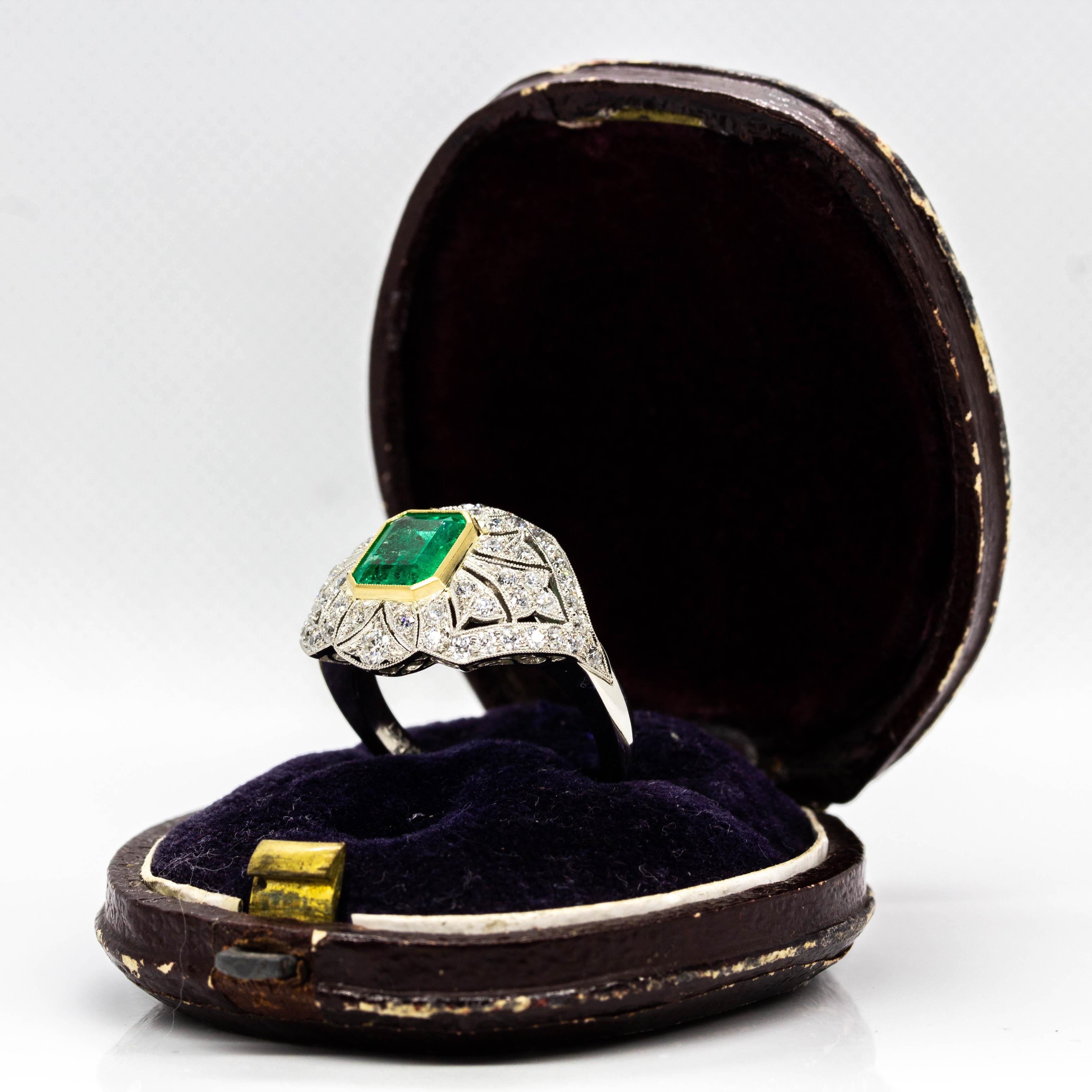 Women's or Men's Estate Handmade Platinum Emerald and Diamonds Ring For Sale