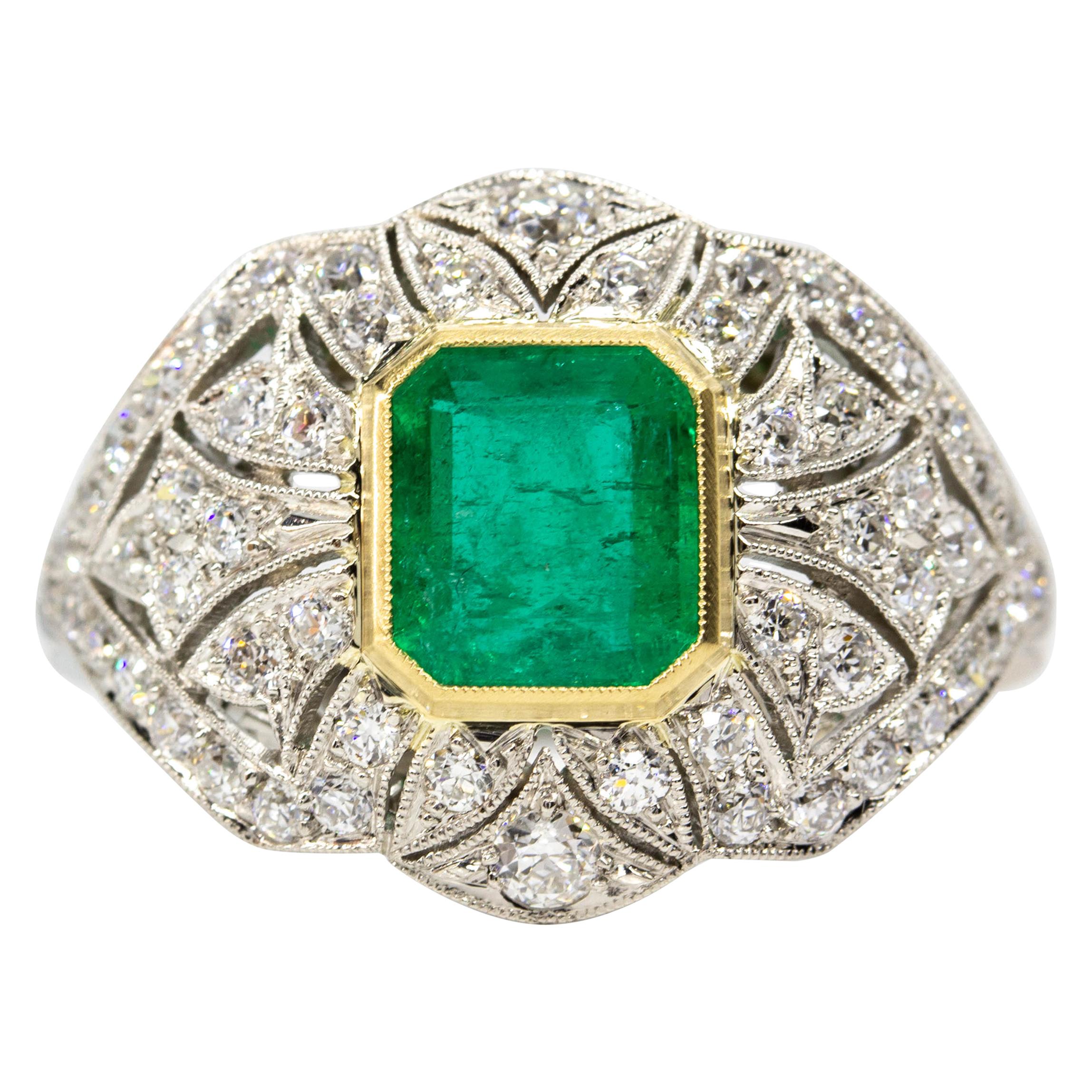 Estate Handmade Platinum Emerald and Diamonds Ring For Sale