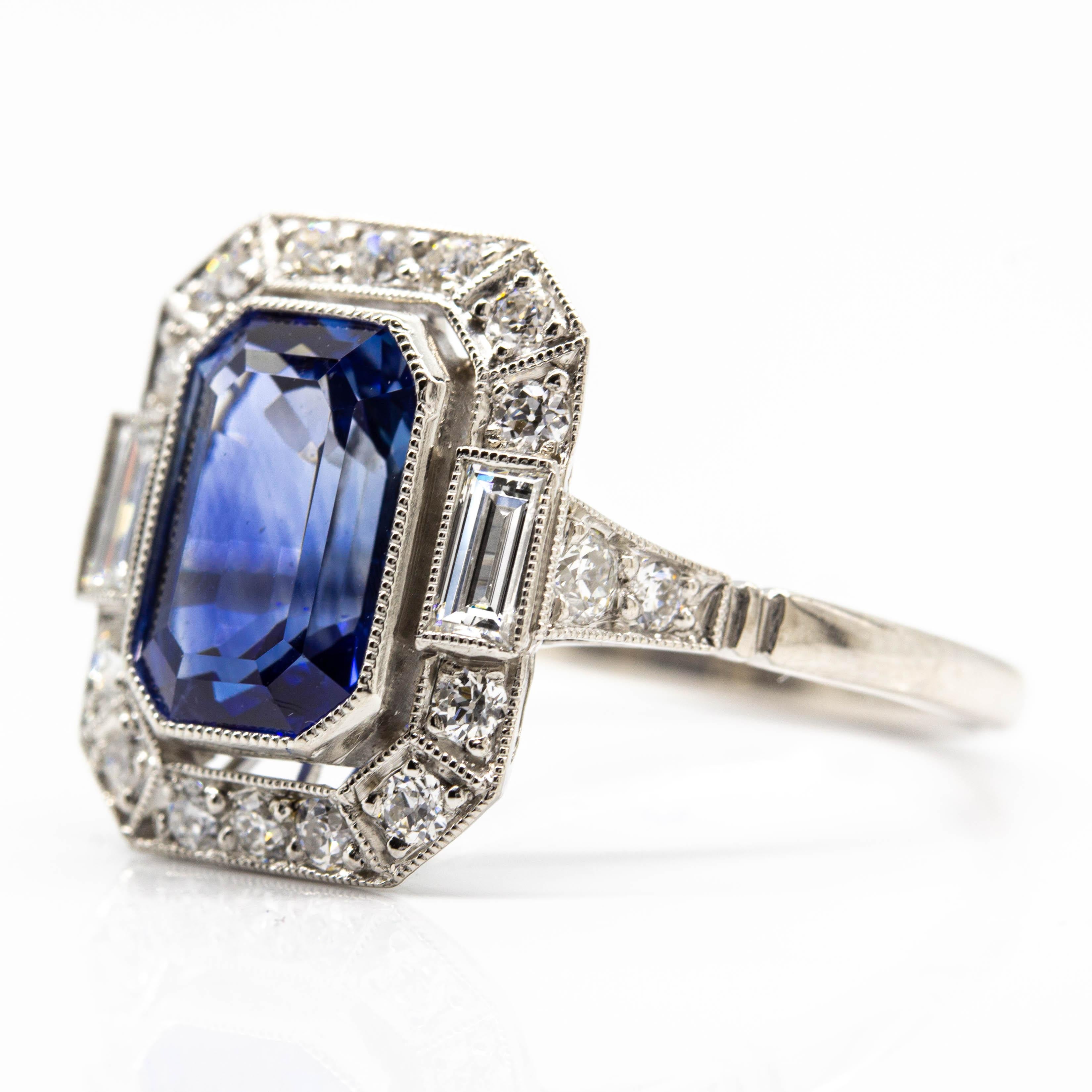 Emerald Cut Estate Handmade Platinum Sapphire and Diamond Ring