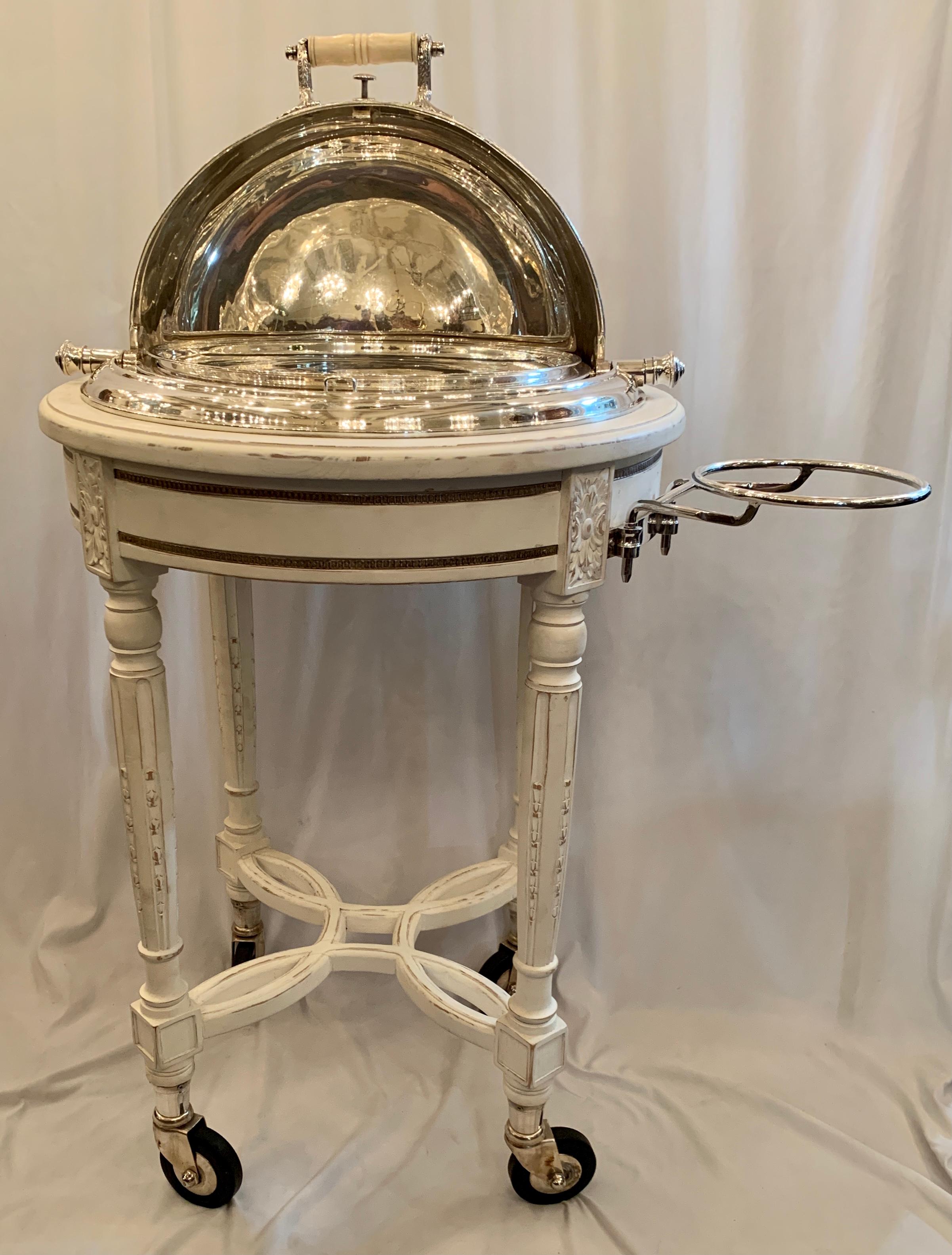 Estate handmade silver-plated meat carving trolley cart with removeable interior tray and alcohol burners.