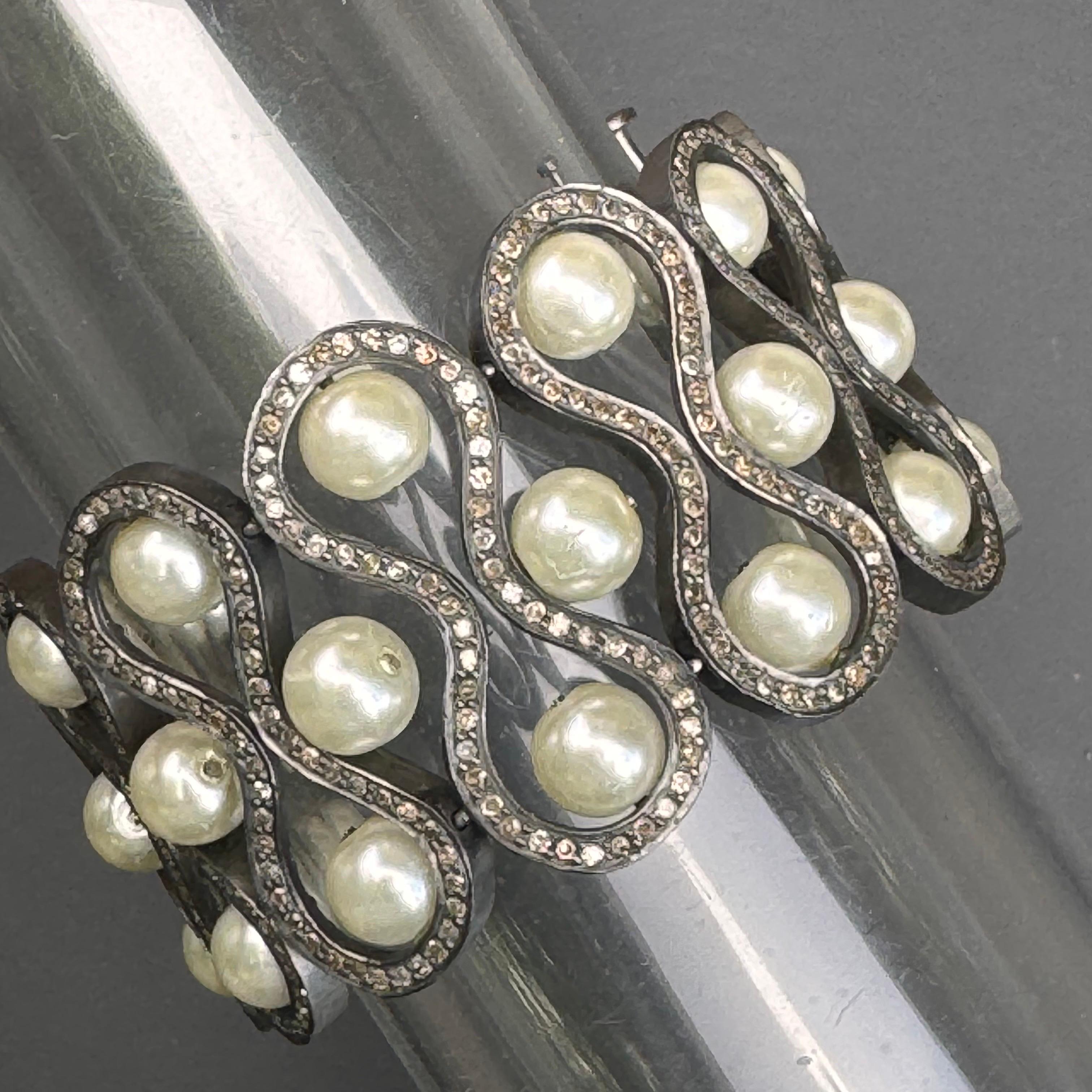 Rough Cut Estate Handmade Sterling Silver Diamond Bracelet For Sale