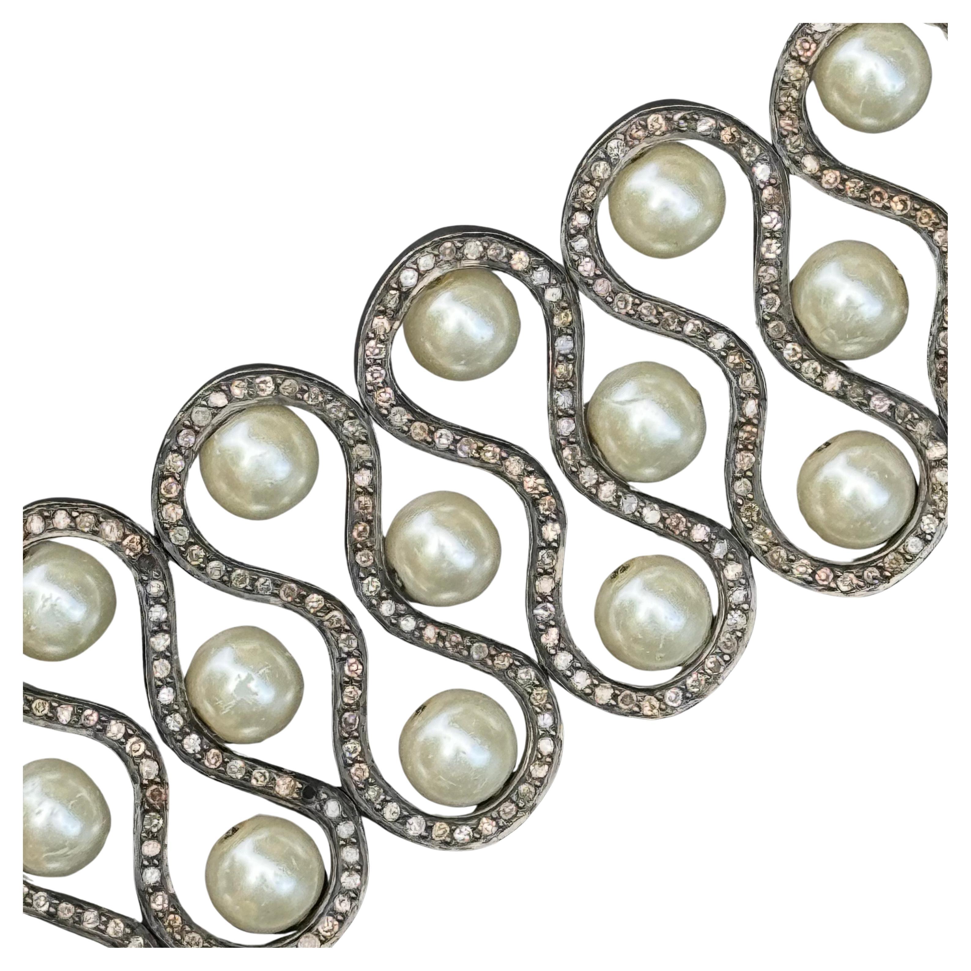 Estate Handmade Sterling Silver Diamond Bracelet For Sale