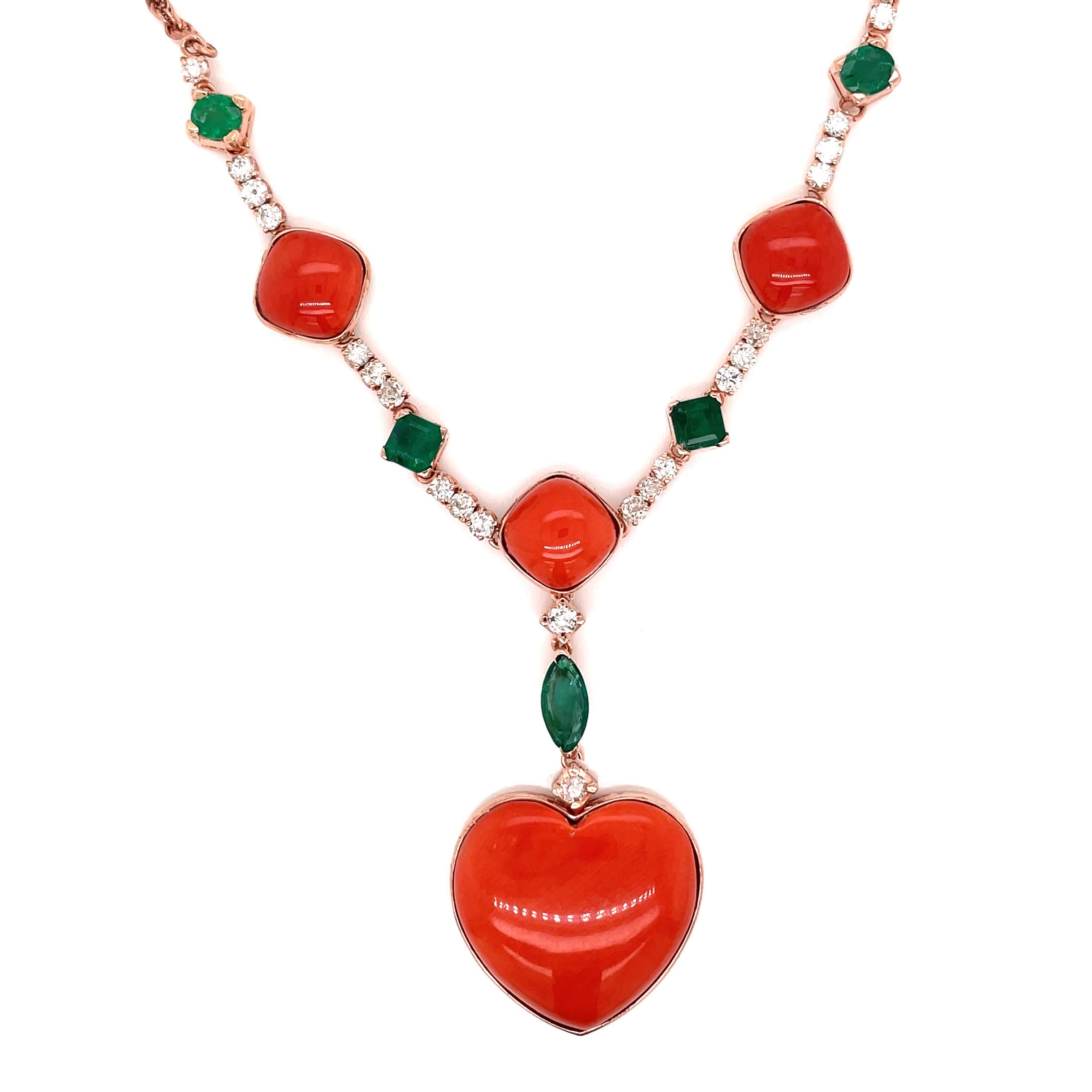 This stylish Sardinian Coral, Emerald and Diamond Vintage pendant is set in 18 karat rose gold. The pendant is suspended by a 17 inches in length gold chain.
Total Natural Colombian Emerald 2.20 carats
Total diamond weight: 1.20 carats
Origin Italy,