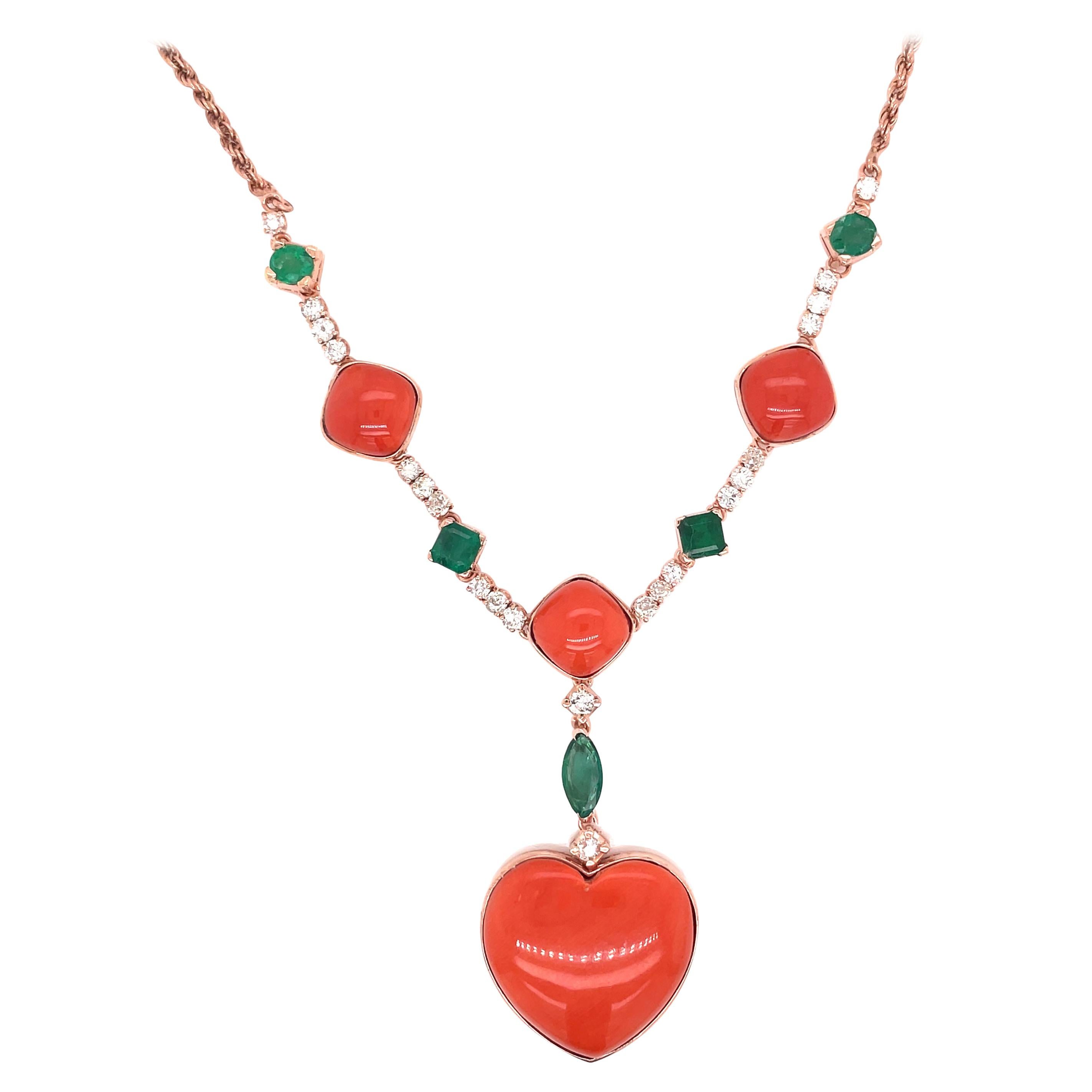 Estate Heart Sardinian Coral Emerald Diamond Drop Gold Pendant Necklace