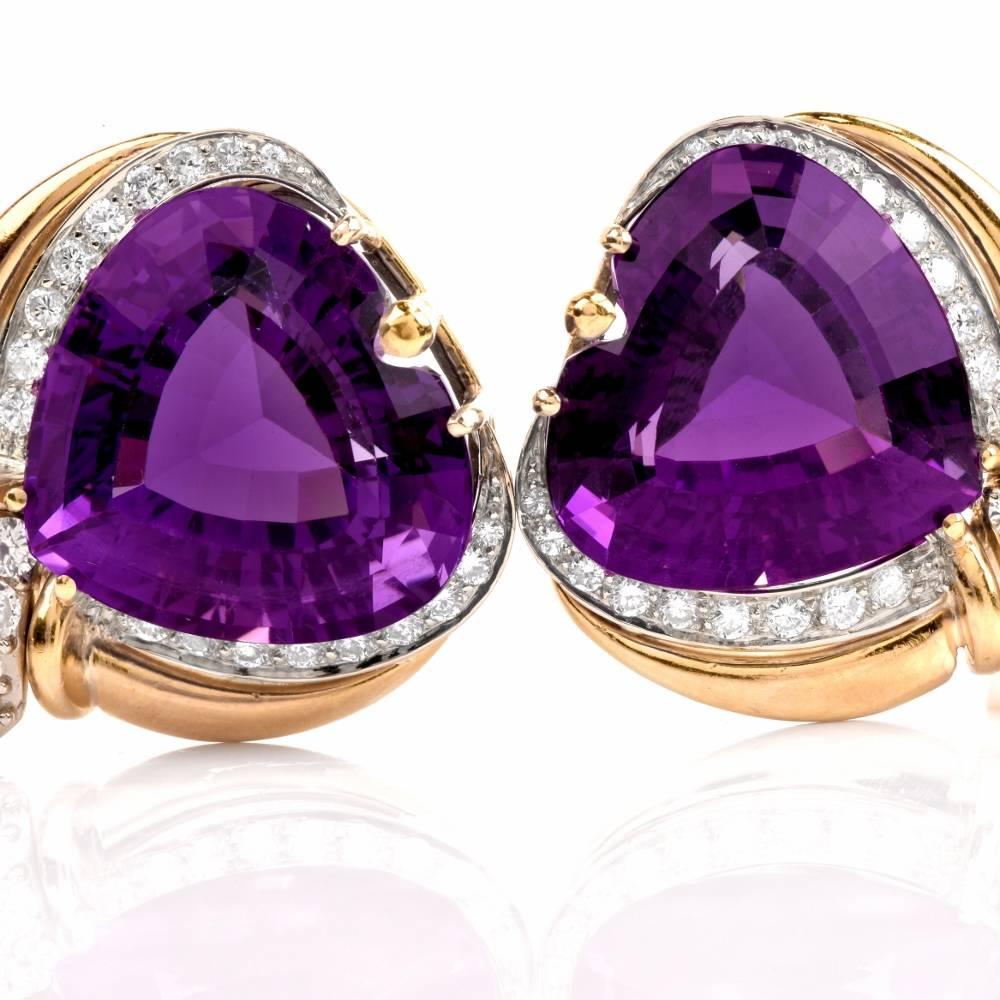 Heart Shape Amethyst Diamond Yellow Gold Clip-Back Earrings In Excellent Condition In Miami, FL