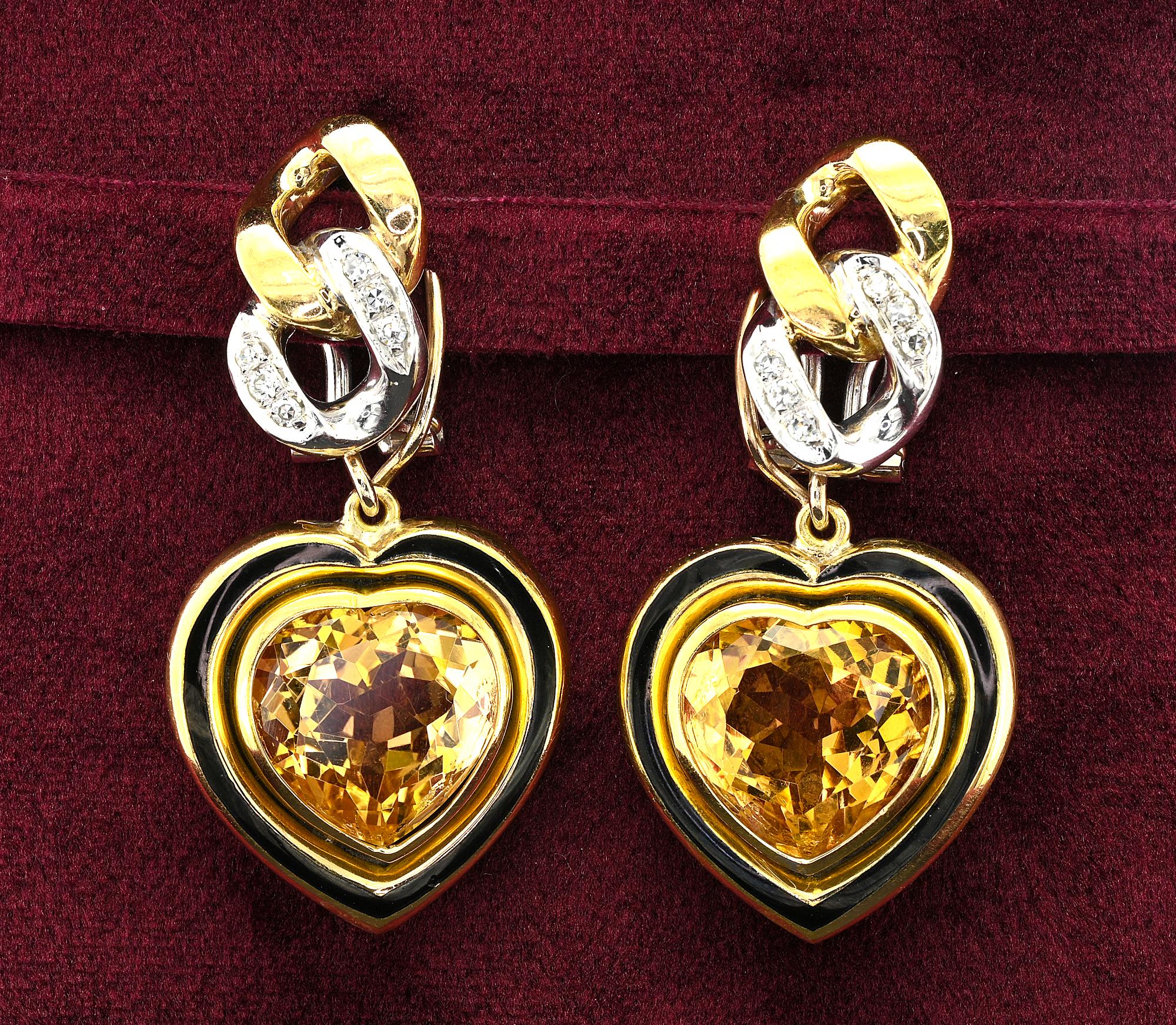 These beautiful estate earrings are 1975 circa, Italian origin, 18 KT gold made
They were matched to a striking necklace separately listed
Earrings have a dynamic chic design, with a curb link chain top motif set with Diamonds on the white gold