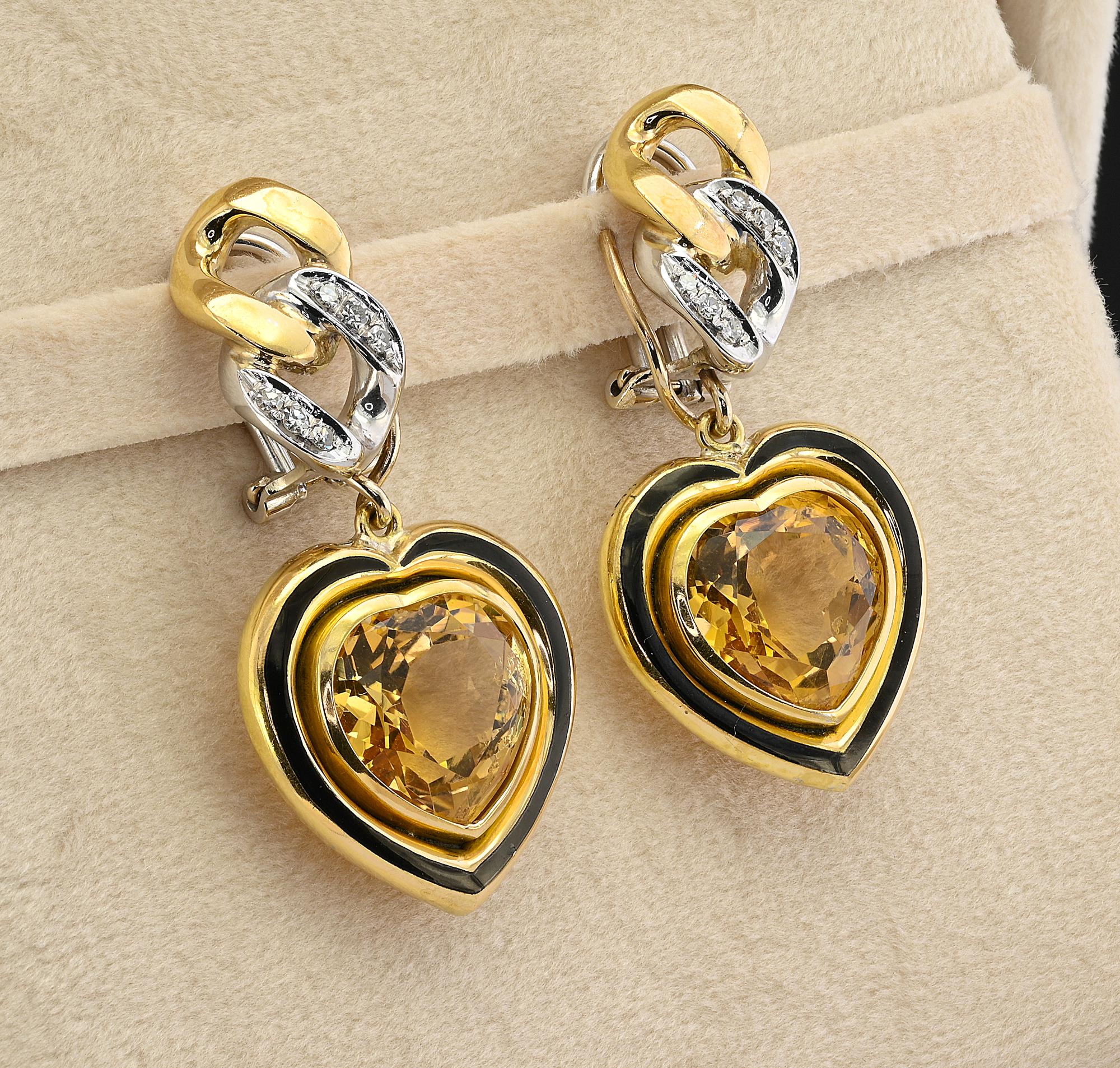 Contemporary Estate Heart Shaped Citrine Black Enamel Diamond 18 KT Earrings For Sale