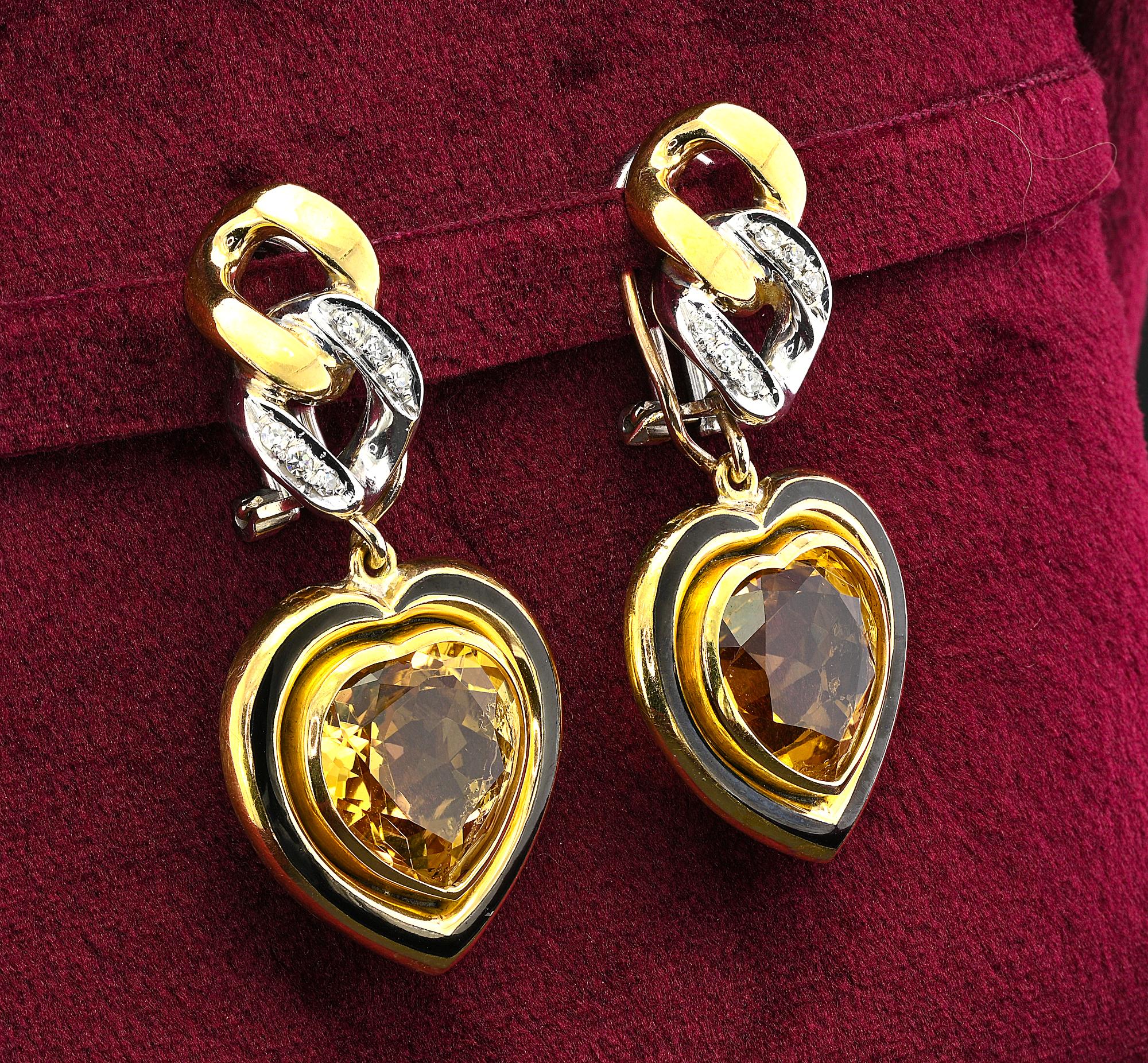 Heart Cut Estate Heart Shaped Citrine Black Enamel Diamond 18 KT Earrings For Sale